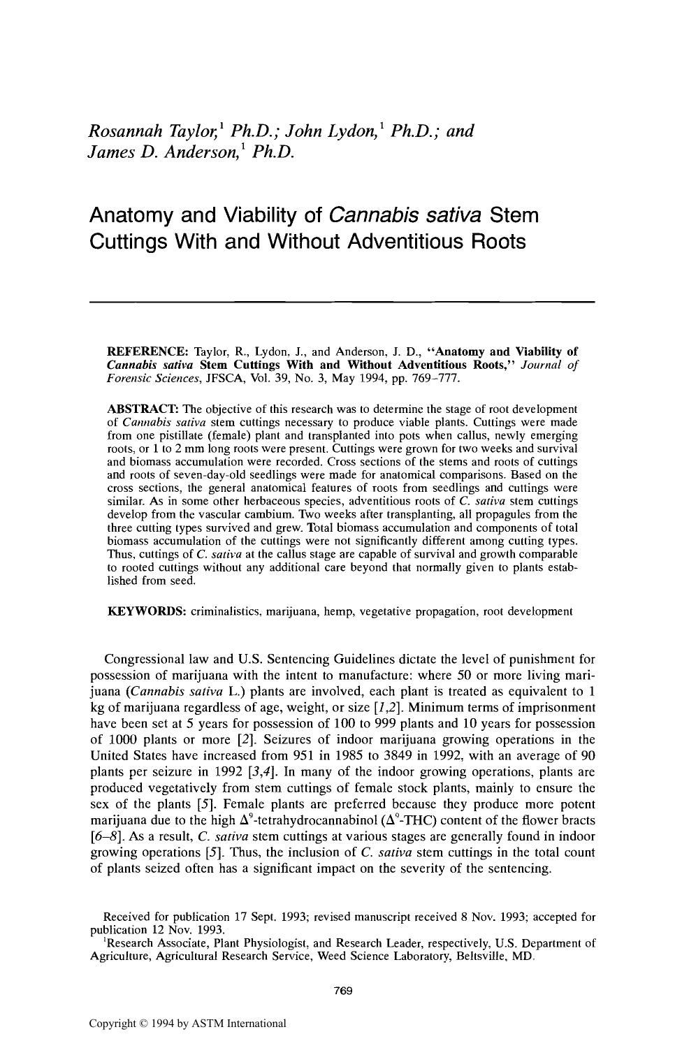 Anatomy and Viability of <I>Cannabis sativa<I> Stem Cuttings With and Without Adventitious Roots by Taylor R Lydon J Anderson JD