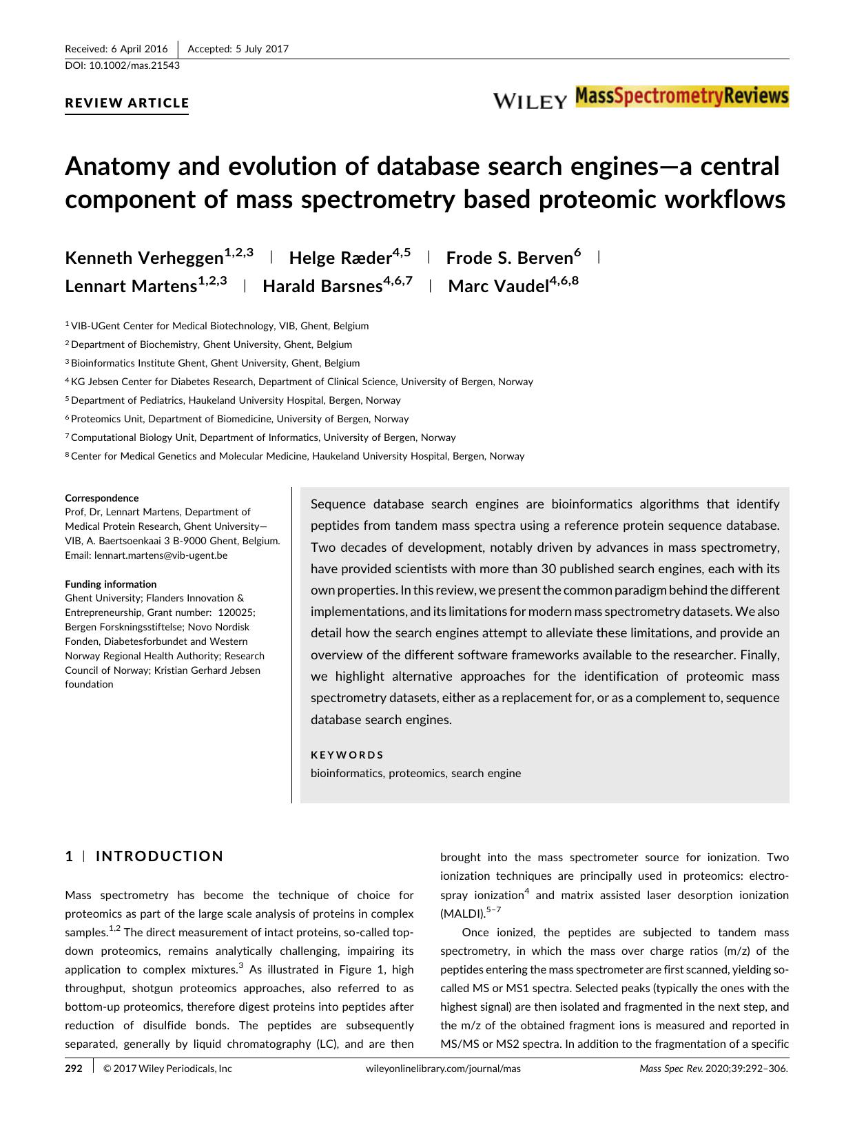 Anatomy and evolution of database search enginesa central component of mass spectrometry based proteomic workflows by Unknown