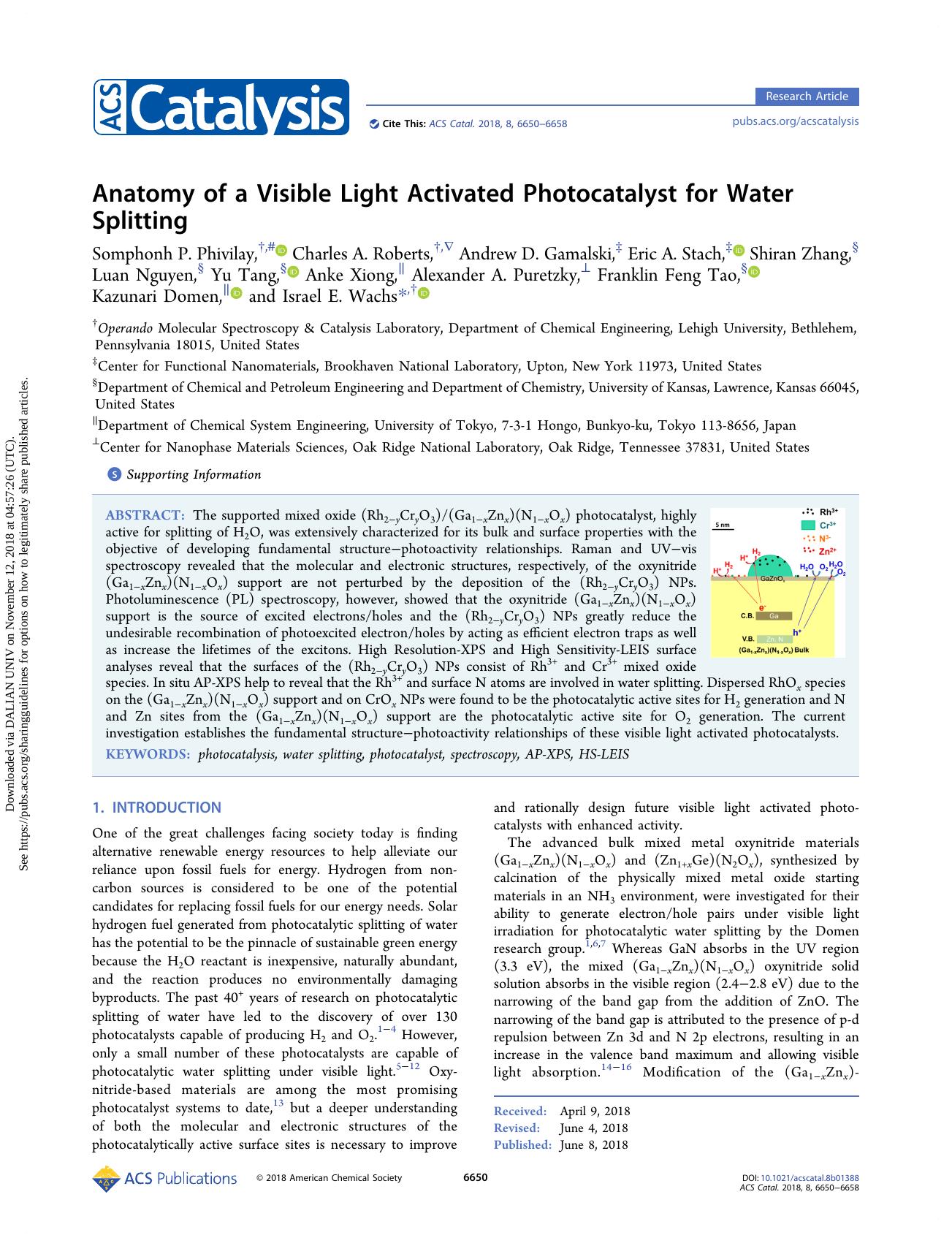 Anatomy of a Visible Light Activated Photocatalyst for Water Splitting by unknow