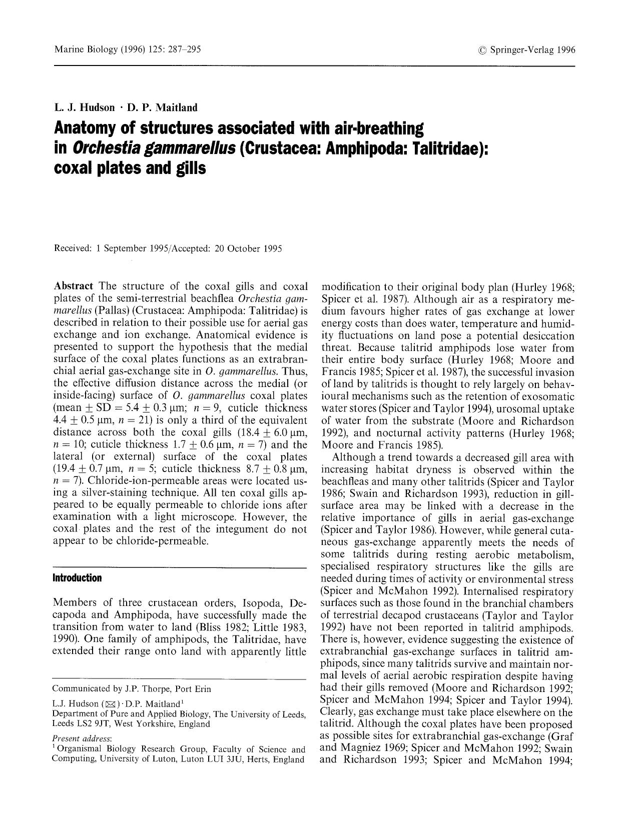 Anatomy of structures associated with air-breathing in <Emphasis Type="Italic">Orchestia gammarellus<Emphasis> (Crustacea: Amphipoda: Talitridae): coxal plates and gills by Unknown