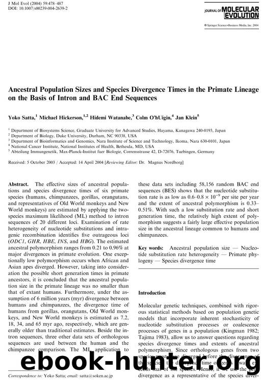 Ancestral Population Sizes and Species Divergence Times in the Primate Lineage on the Basis of Intron and BAC End Sequences by Satta Y. et al