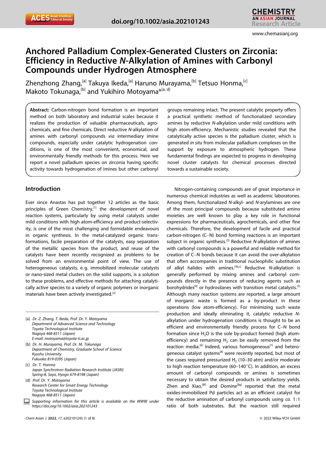 Anchored Palladium ComplexâGenerated Clusters on Zirconia: Efficiency in Reductive NâAlkylation of Amines with Carbonyl Compounds under Hydrogen Atmosphere by Unknown