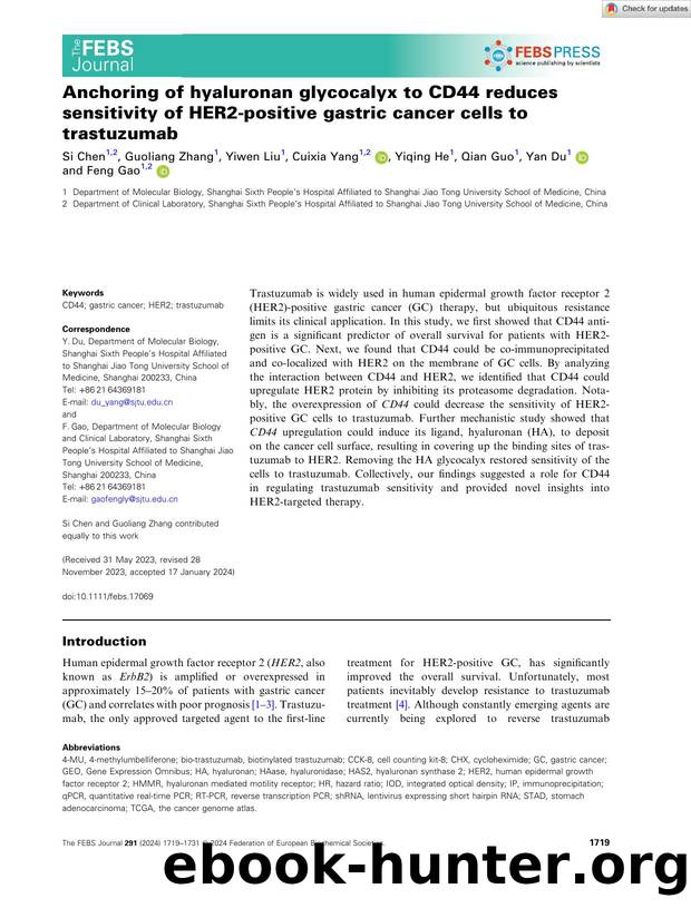 Anchoring of hyaluronan glycocalyx to CD44 reduces sensitivity of HER2âpositive gastric cancer cells to trastuzumab by Unknown