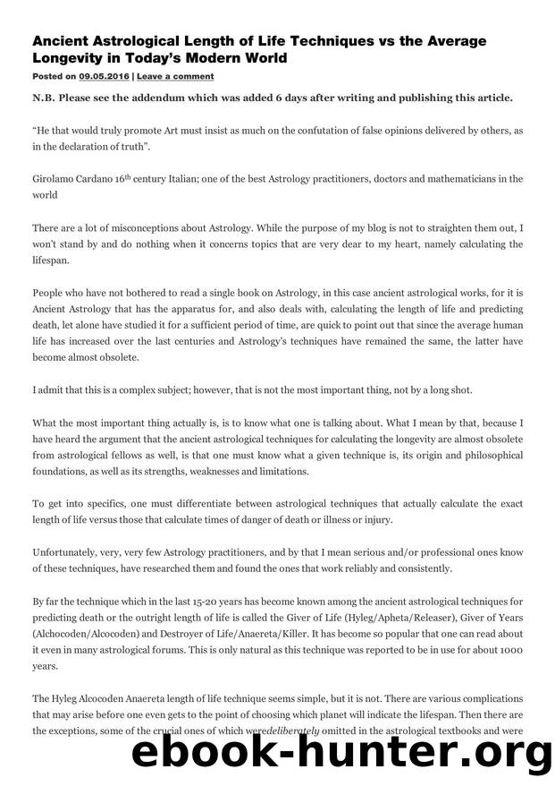 Ancient Astrological Length of Life Techniques vs the Average Longevity in the modern world by Unknown