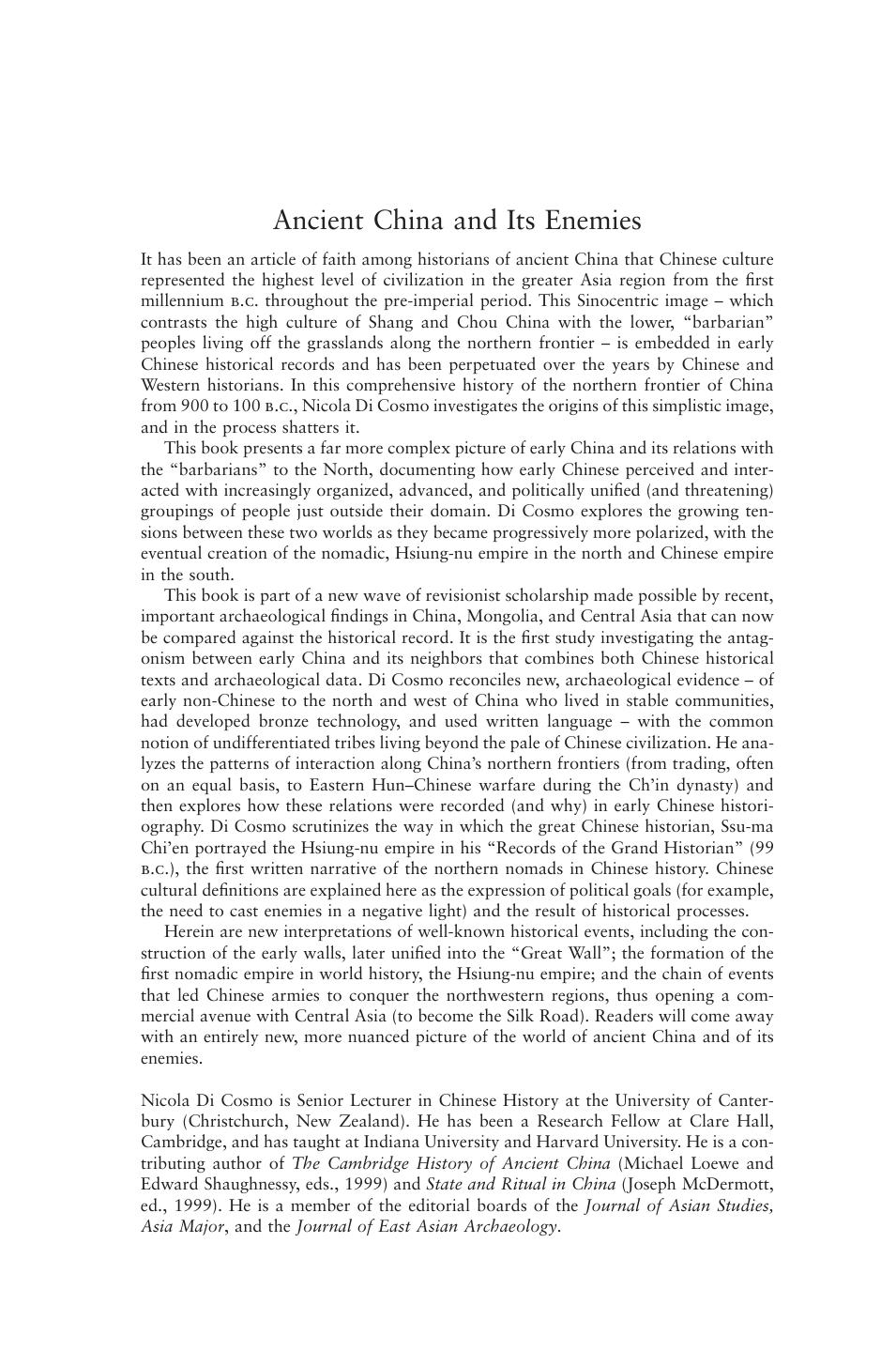 Ancient China and its enemies: the rise of nomadic power in East Asian history by Nicola Di Cosmo