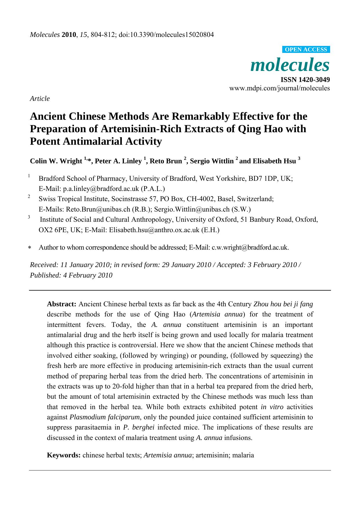 Ancient Chinese Methods Are Remarkably Effective for the Preparation of Artemisinin-Rich Extracts of Qing Hao with Potent Antimalarial Activity by Colin W. Wright & Peter A. Linley & Reto Brun & Sergio Wittlin & Elisabeth Hsu