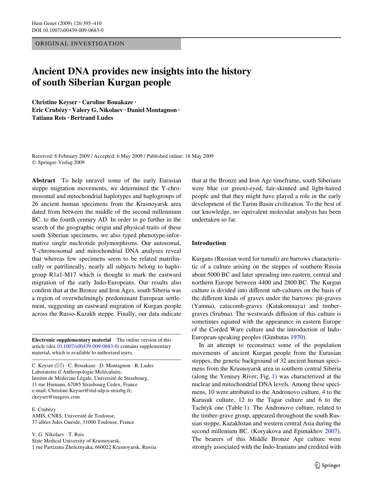 Ancient DNA provides new insights into the history of south Siberian Kurgan people by Keyser C. et al
