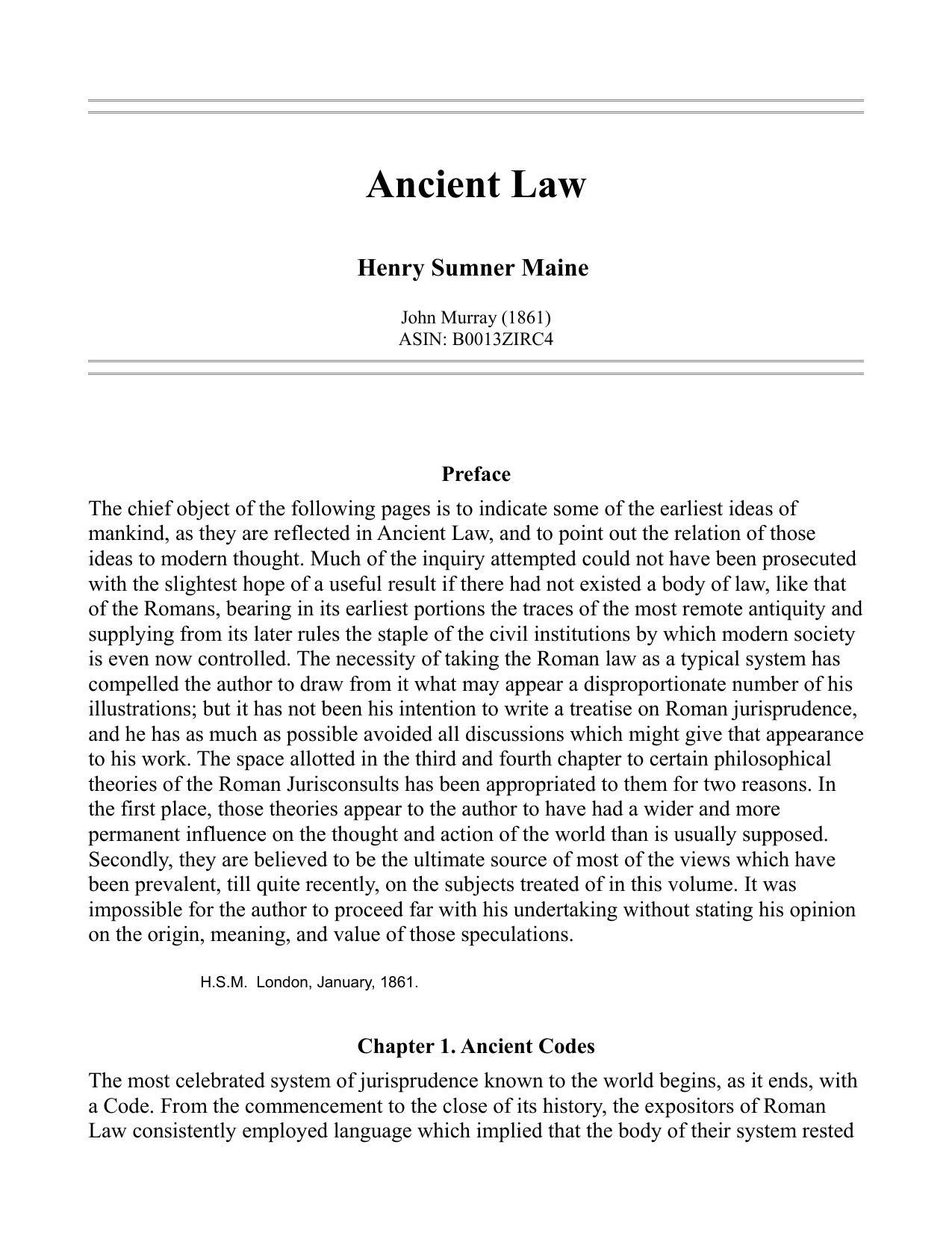 Ancient Law Its Connection to the History of Early Society by Sir Henry Sumner Maine