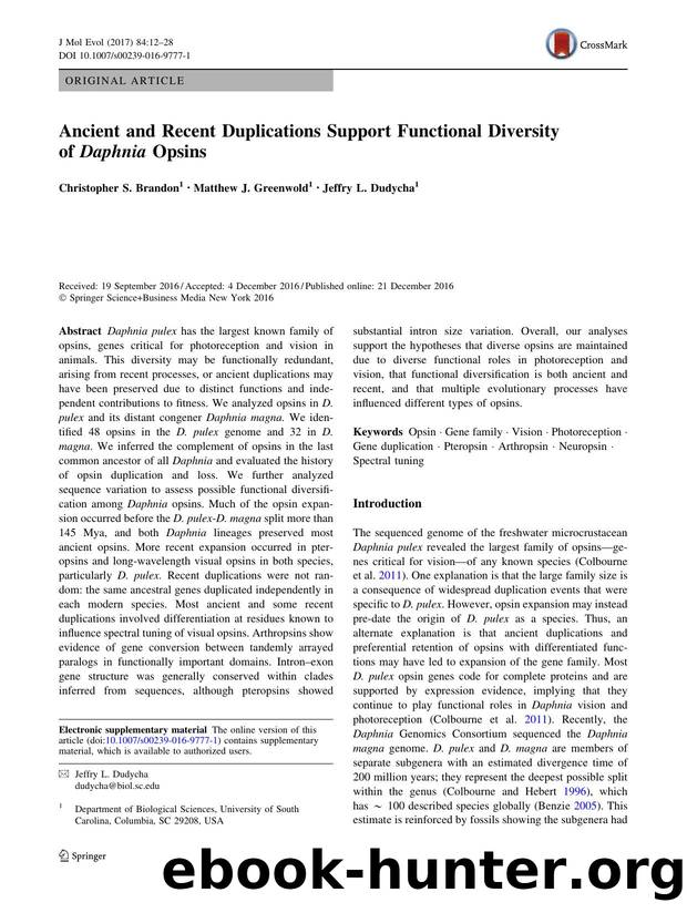 Ancient and Recent Duplications Support Functional Diversity of Daphnia Opsins by Christopher S. Brandon & Matthew J. Greenwold & Jeffry L. Dudycha