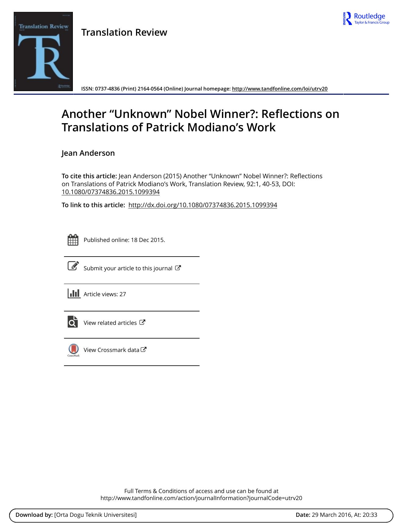 Anderson, Jean by Reflections on Translations of Patrick Modiano’s Work (2015) 92.1 Translation Review 40