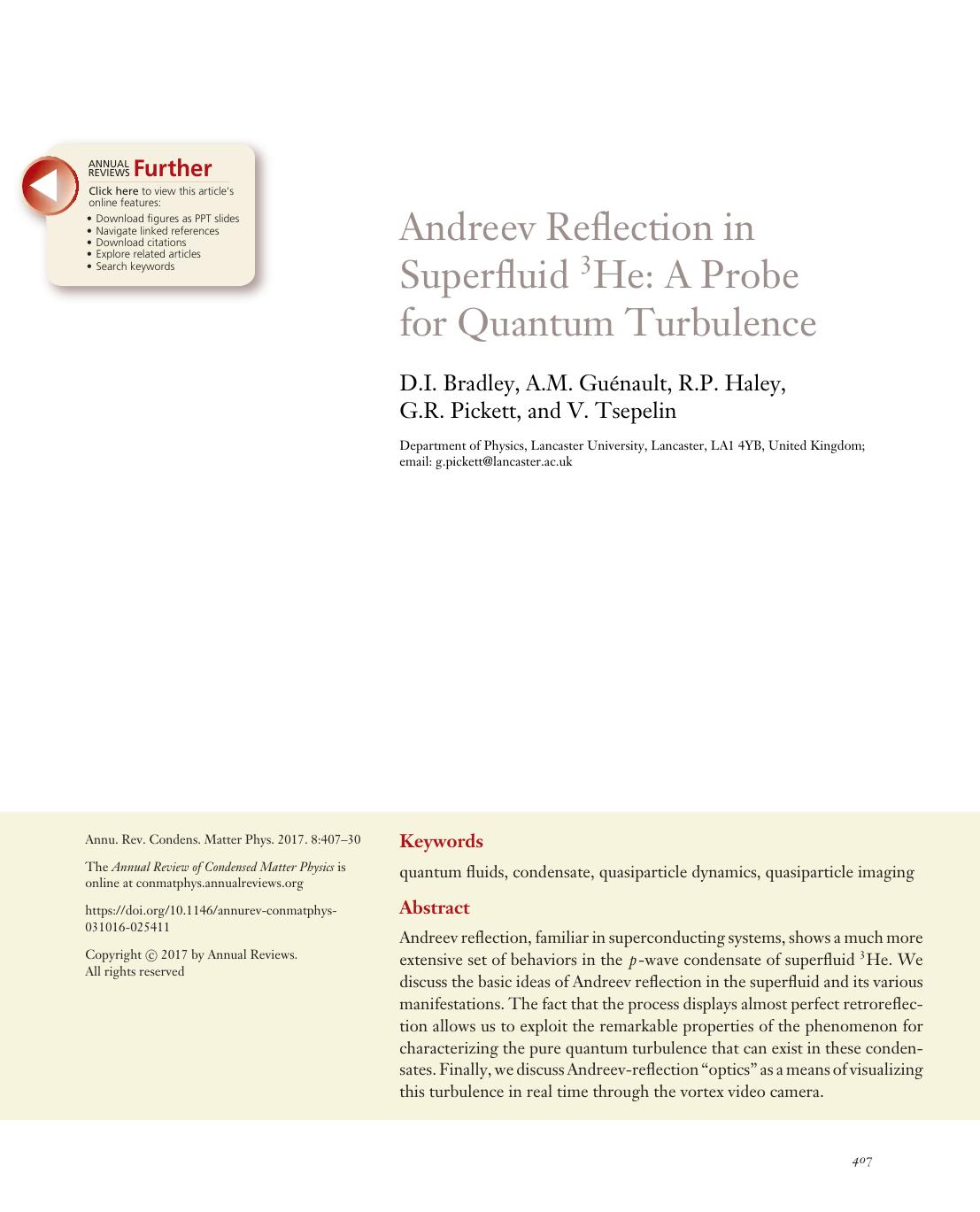 Andreev Reflection in Superfluid 3He: A Probe for Quantum Turbulence by D.I. Bradley A.M. Guénault R.P. Haley G.R. Pickett and V. Tsepelin