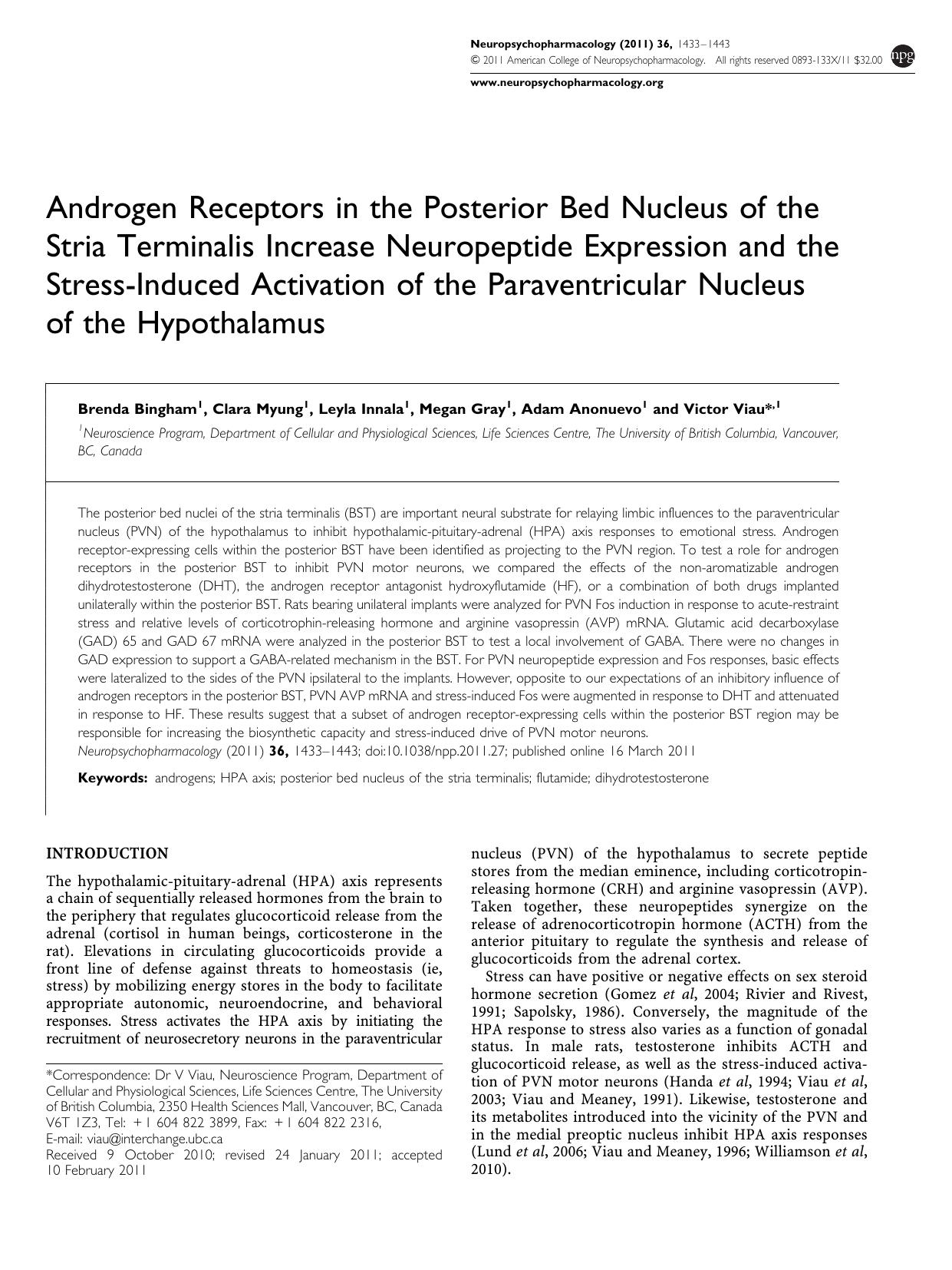 Androgen Receptors in the Posterior Bed Nucleus of the Stria Terminalis Increase Neuropeptide Expression and the Stress-Induced Activation of the Paraventricular Nucleus of the Hypothalamus by Brenda Bingham & Clara Myung & Leyla Innala & Megan Gray & Adam Anonuevo & Victor Viau