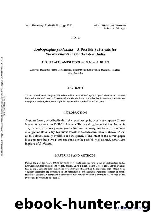 Andrographis paniculata - A Possible Substitute for Swertia chirata in Southeastern India: Note by R. D. Girach Aminuddin & Subhan A. Khan