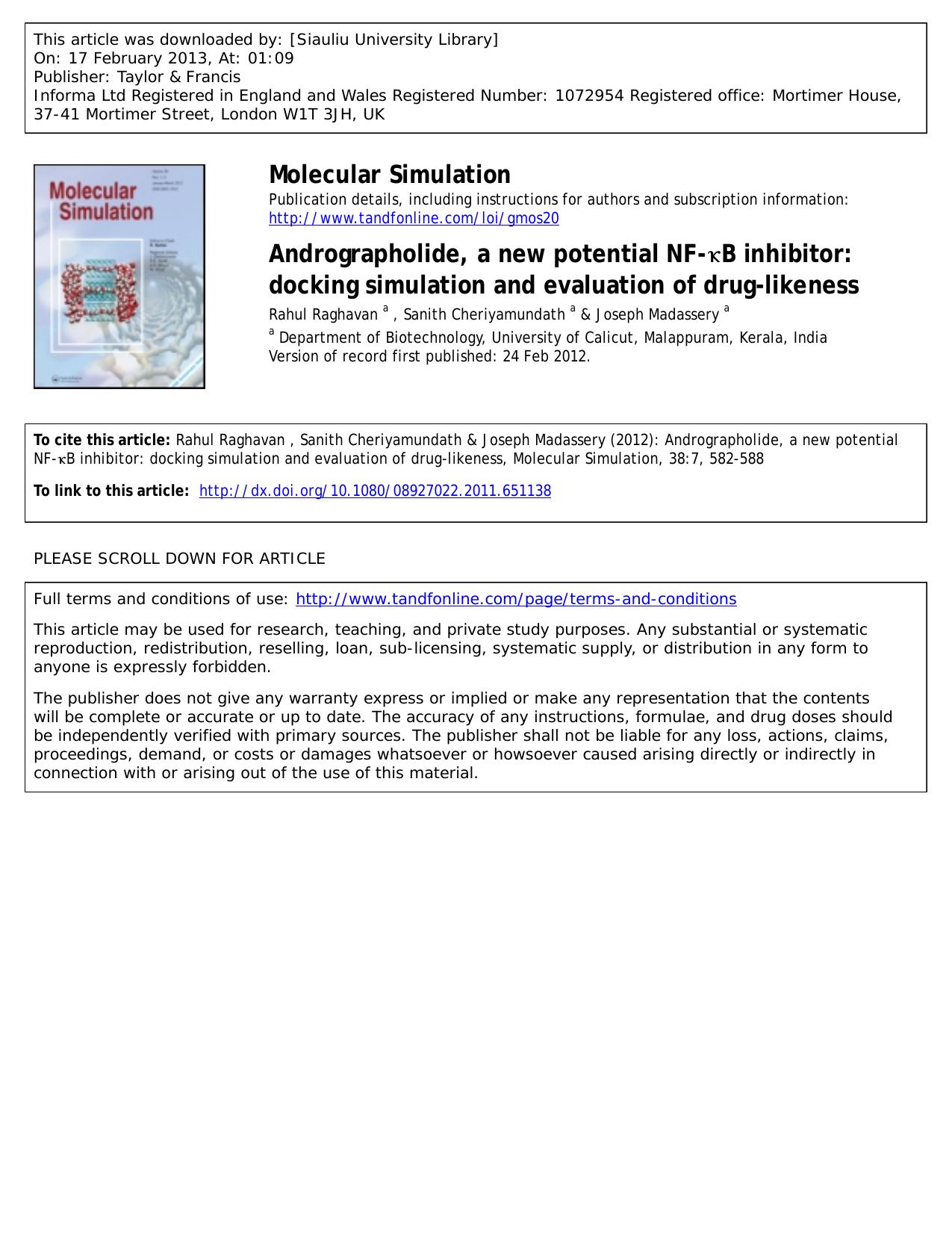 Andrographolide, a new potential NF-ÎºB inhibitor: docking simulation and evaluation of drug-likeness by Rahul Raghavan Sanith Cheriyamundath & Joseph Madassery