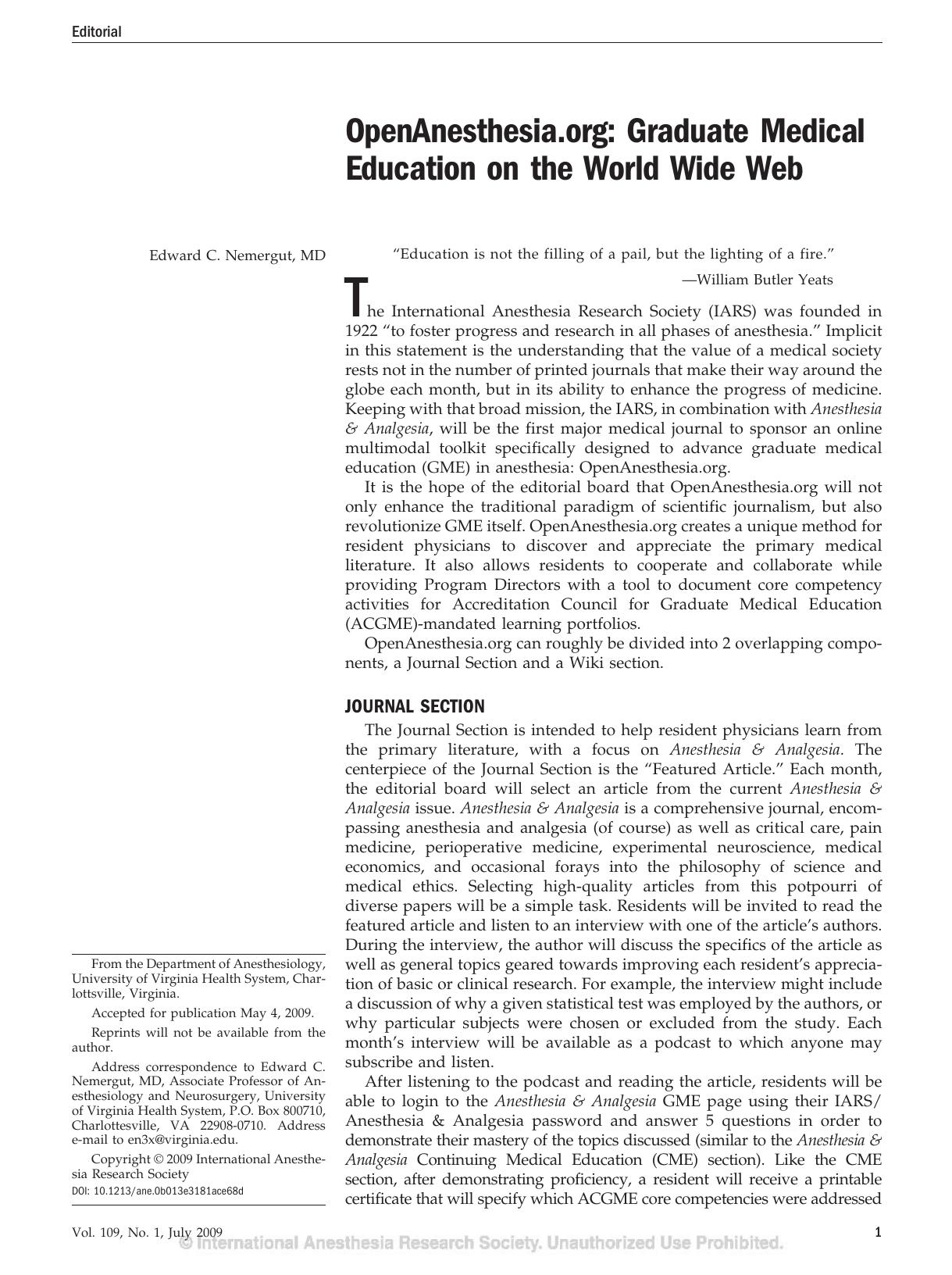Anesthesia & Analgesia Vol 109 Issue 01 2009 by International Anesthesia Research Society