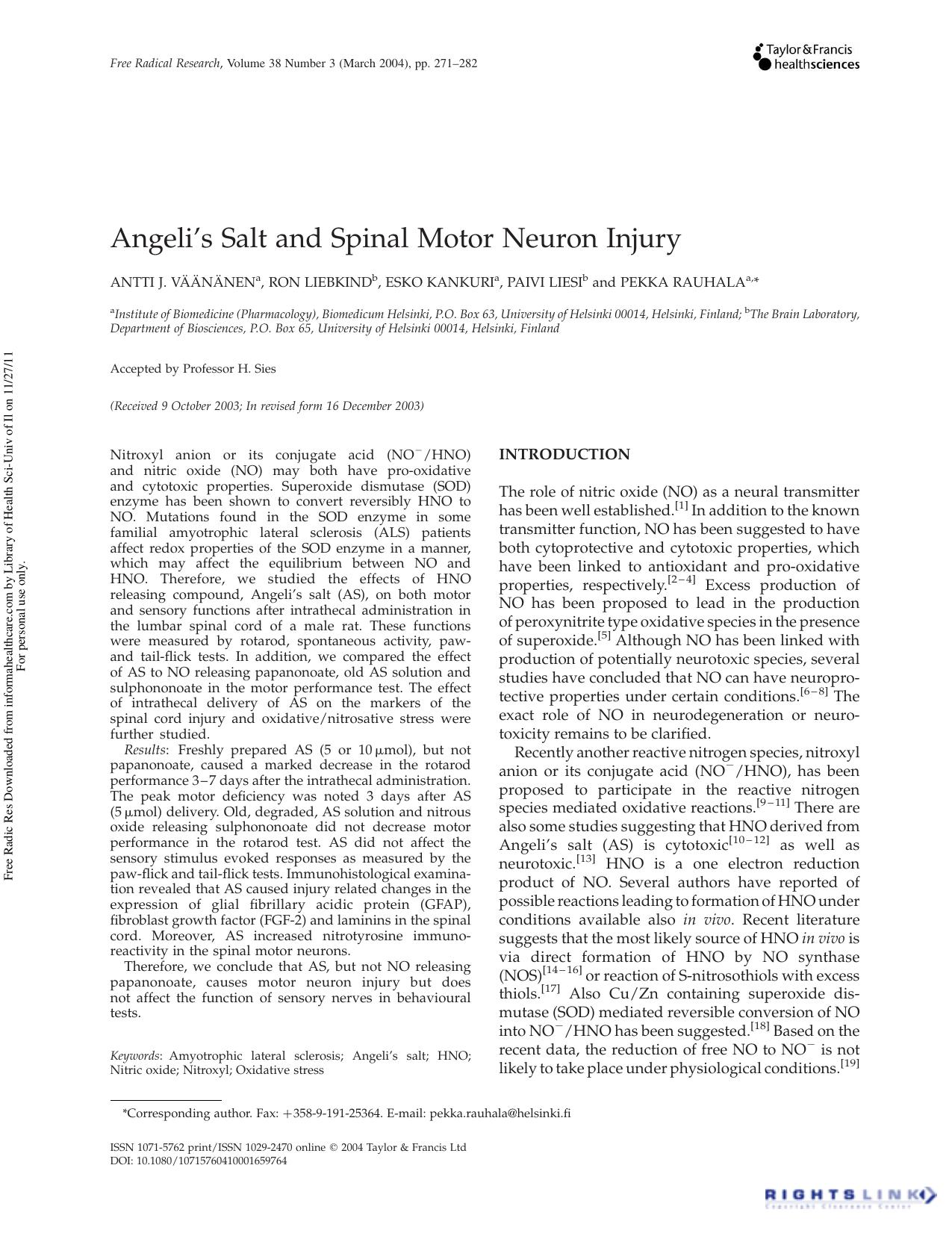 Angeli's Salt and Spinal Motor Neuron Injury by Antti J. Väänänen a Ron Liebkind b Esko Kankuri a Paivi Liesi b & Pekka Rauhala a