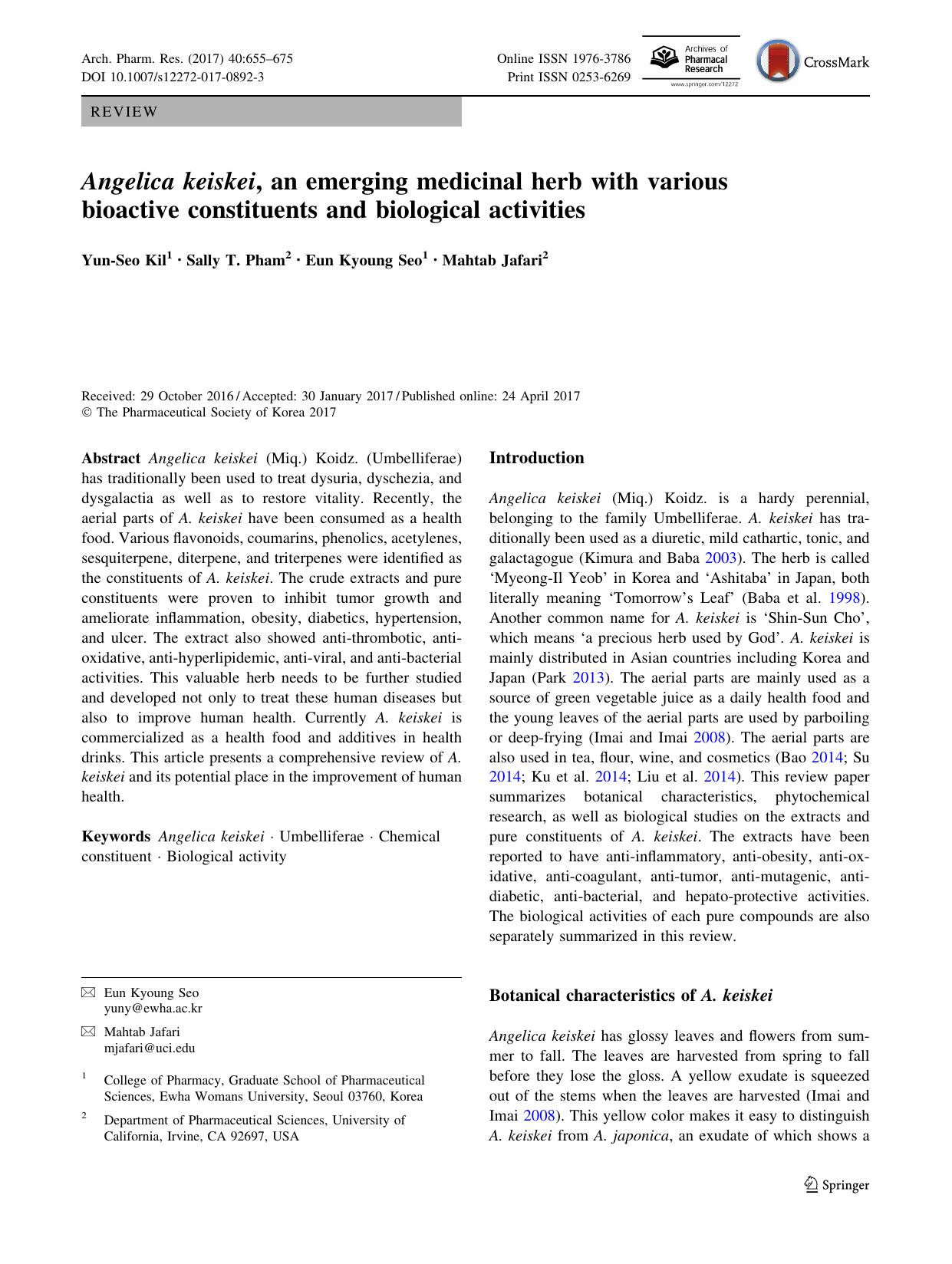 Angelica keiskei, an emerging medicinal herb with various bioactive constituents and biological activities by Yun-Seo Kil & Sally T. Pham & Eun Kyoung Seo & Mahtab Jafari