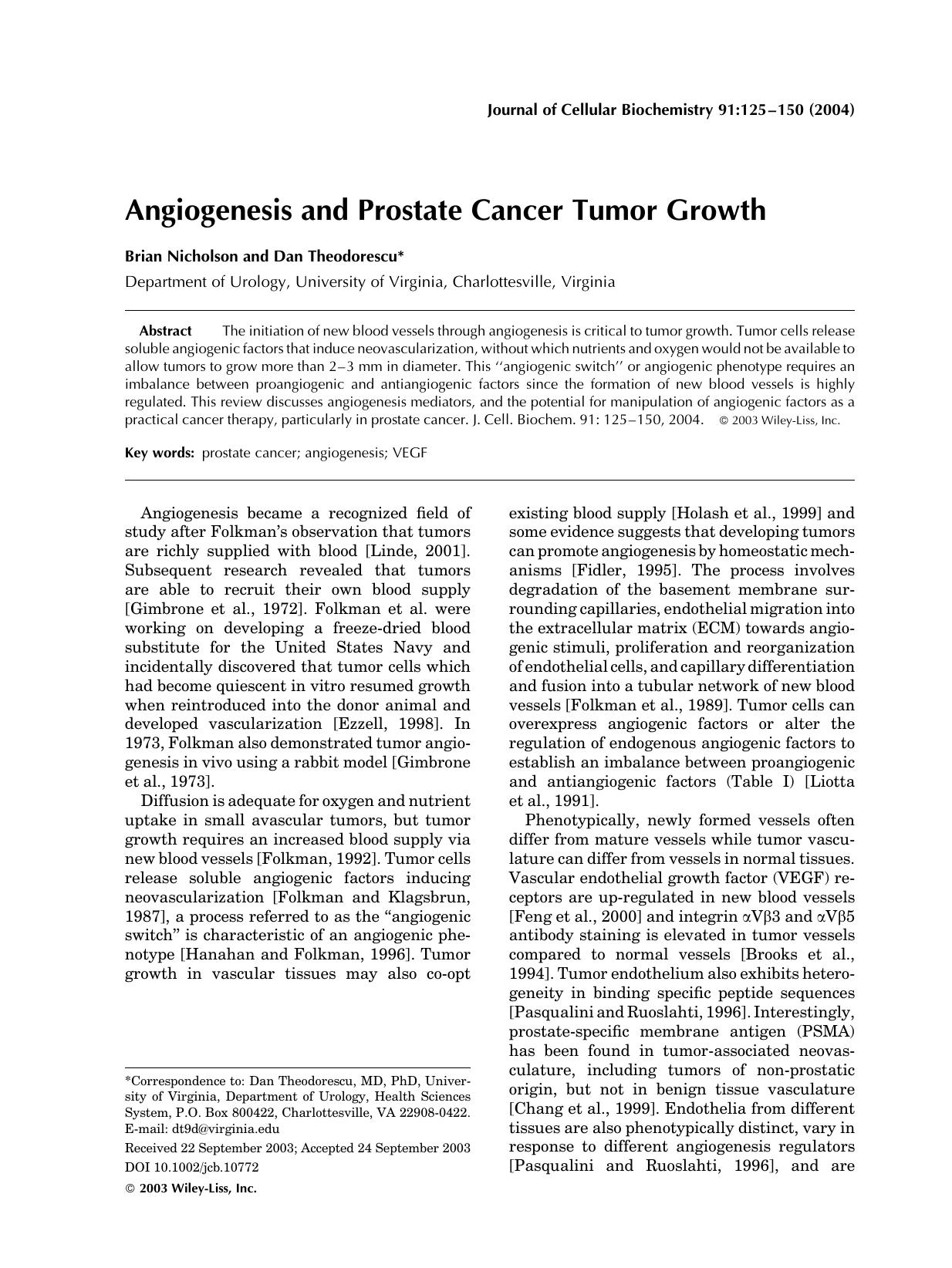 Angiogenesis and prostate cancer tumor growth by Unknown