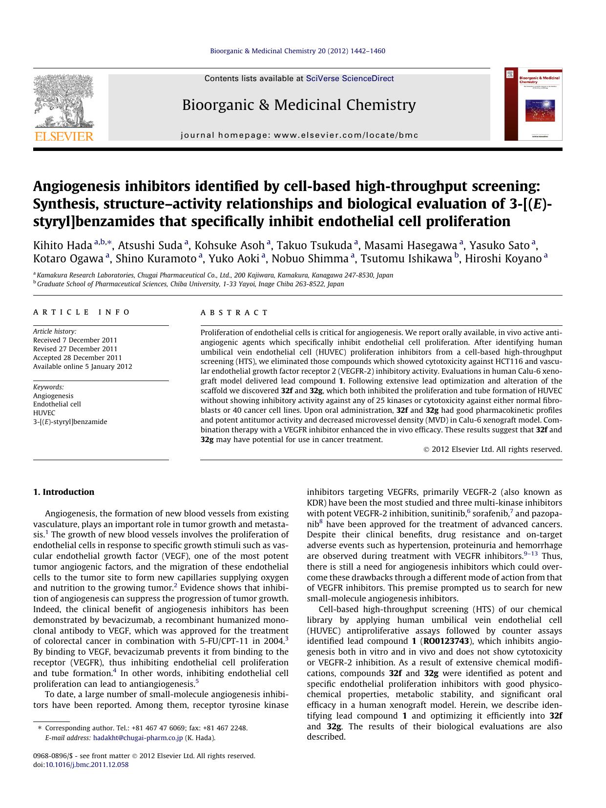Angiogenesis inhibitors identified by cell-based high-throughput screening: Synthesis, structureÃ¢â¬âactivity relationships and biological evaluation of 3-[(E)-styryl]benzamides by unknow