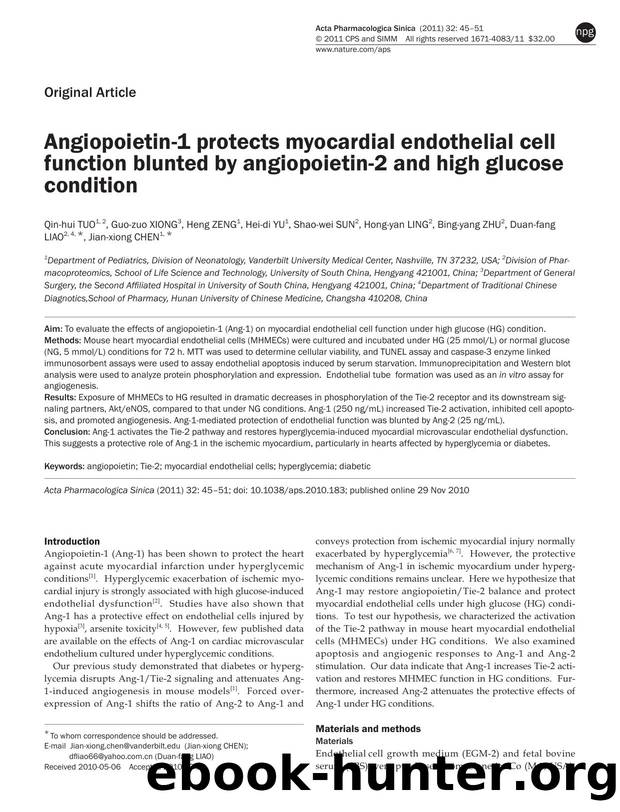Angiopoietin-1 protects myocardial endothelial cell function blunted by angiopoietin-2 and high glucose condition by unknow