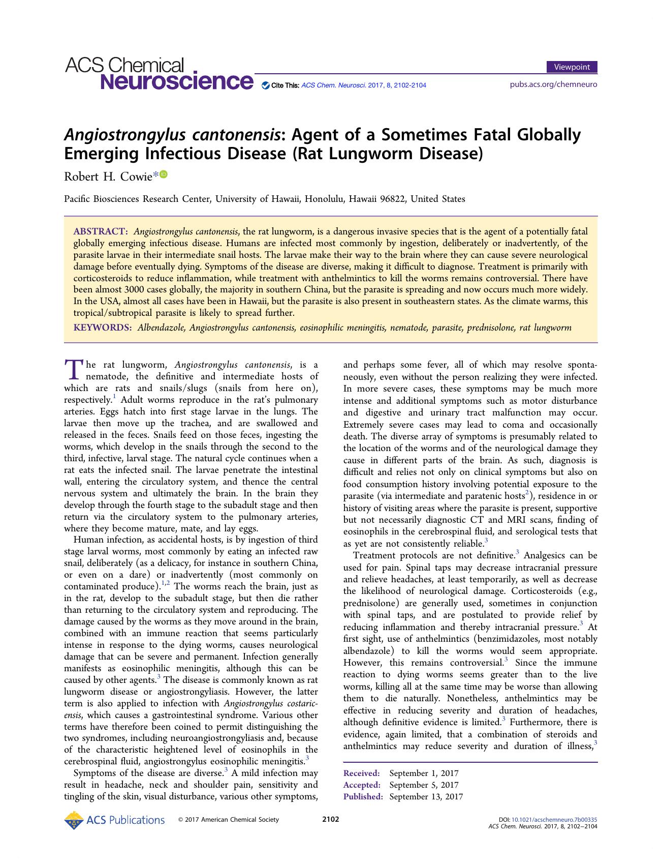 Angiostrongylus cantonensis: Agent of a Sometimes Fatal Globally Emerging Infectious Disease (Rat Lungworm Disease) by Robert H. Cowie
