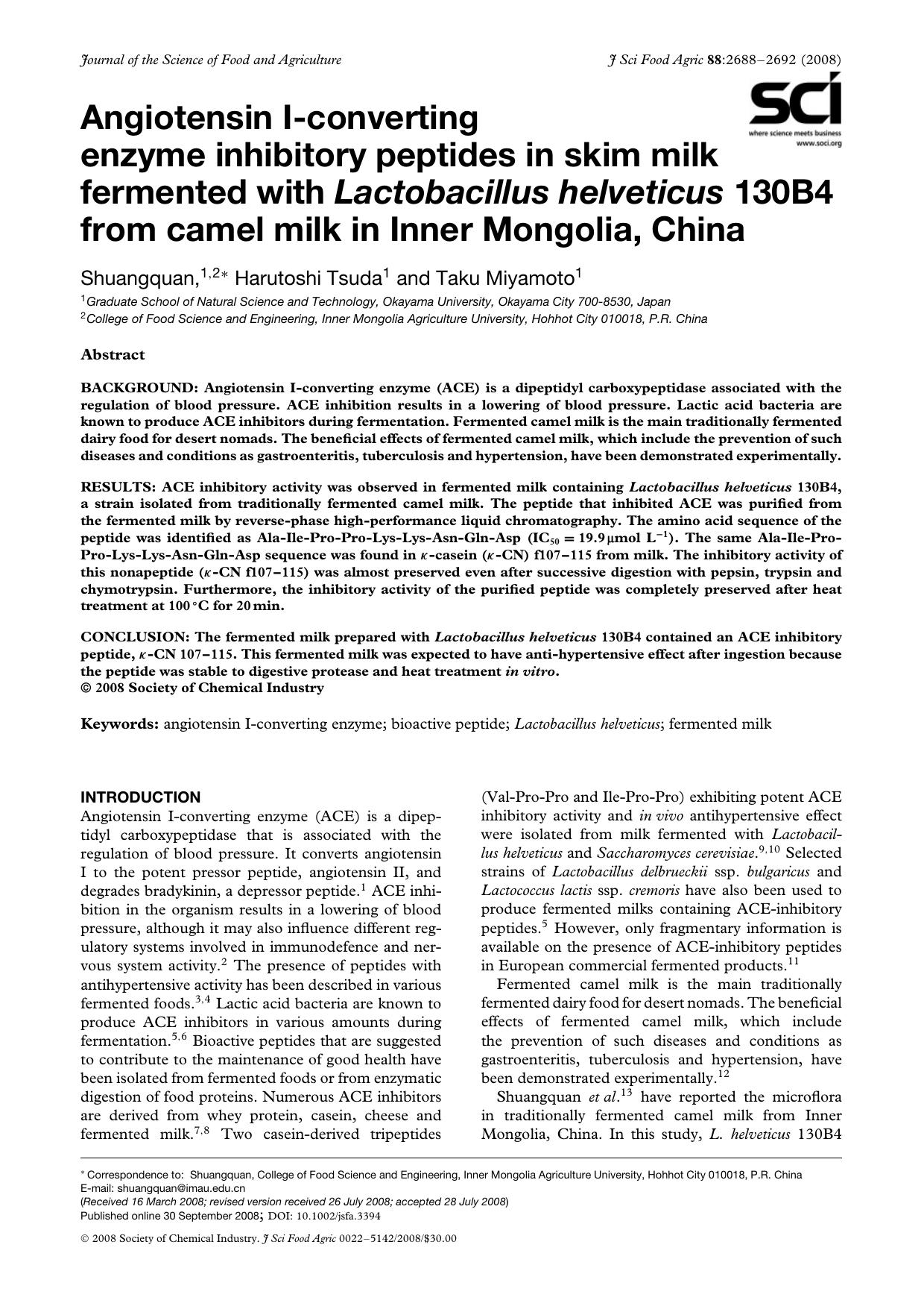 Angiotensin I-converting enzyme inhibitory peptides in skim milk fermented with Lactobacillus helveticus 130B4 from camel milk in Inner Mongolia, China by Unknown