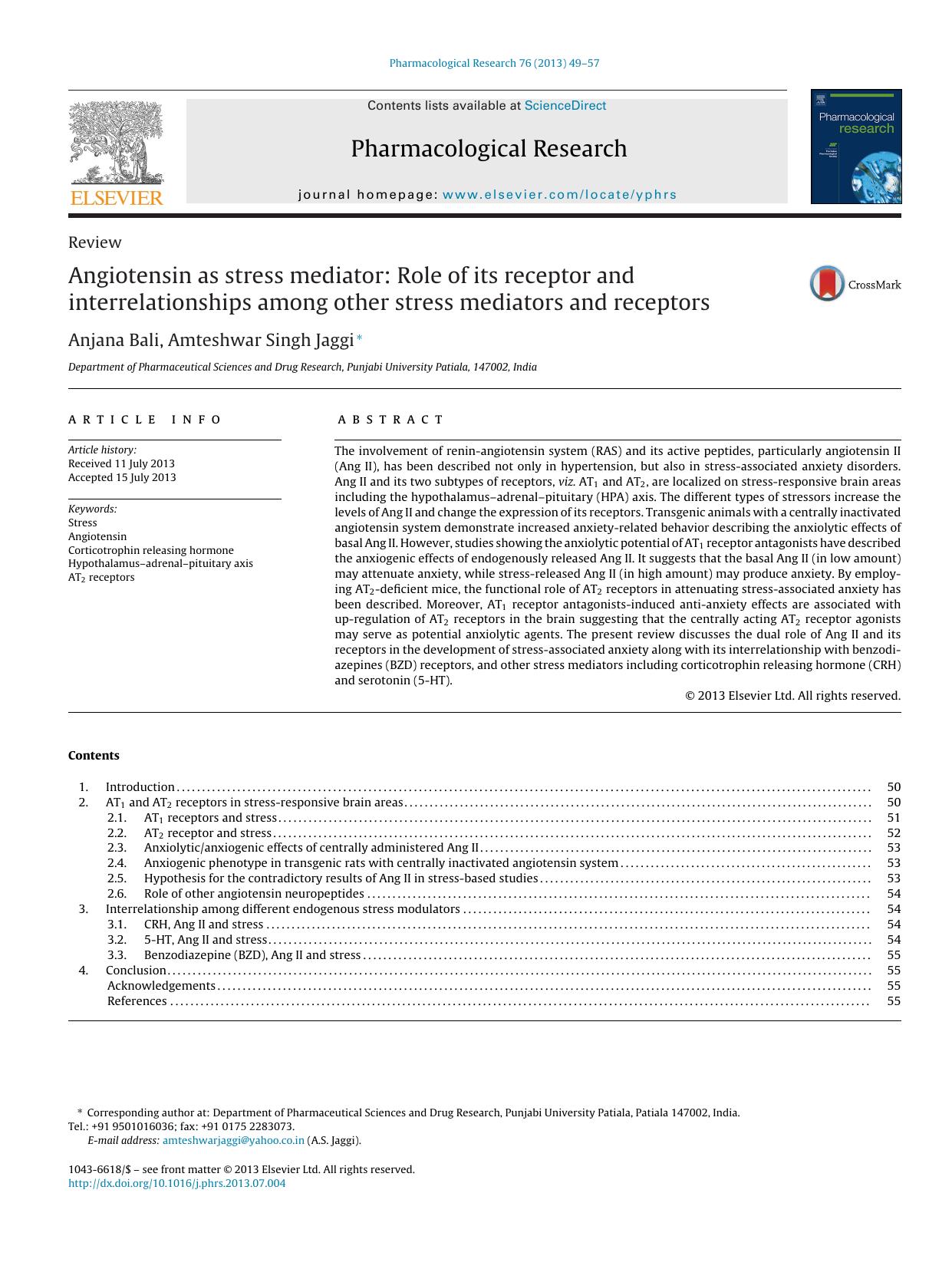 Angiotensin as stress mediator: Role of its receptor and interrelationships among other stress mediators and receptors by Anjana Bali & Amteshwar Singh Jaggi
