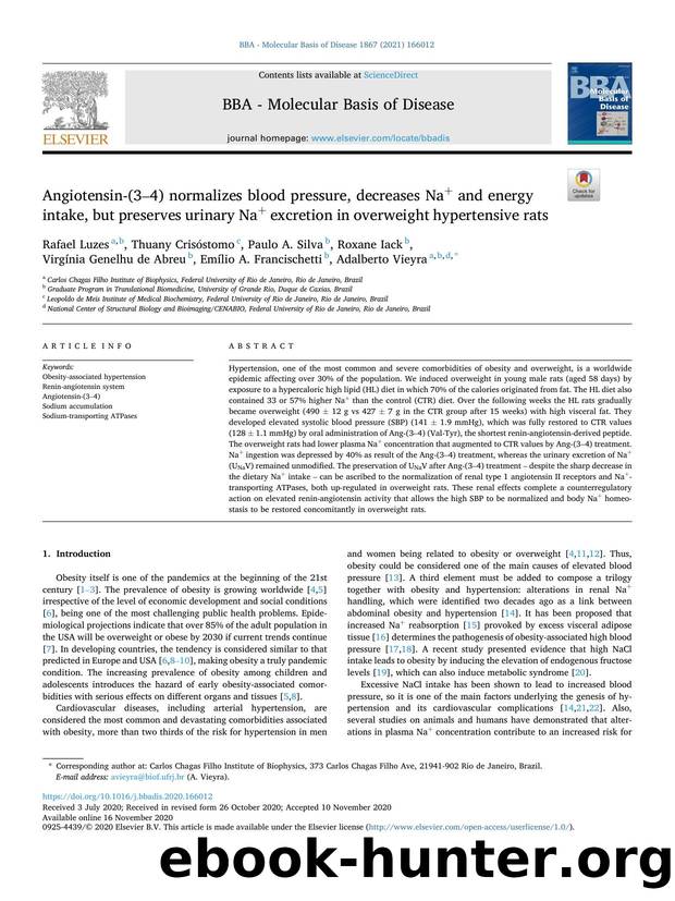 Angiotensin-(3â4) normalizes blood pressure, decreases Na+ and energy intake, but preserves urinary Na+ excretion in overweight hypertensive rats by unknow