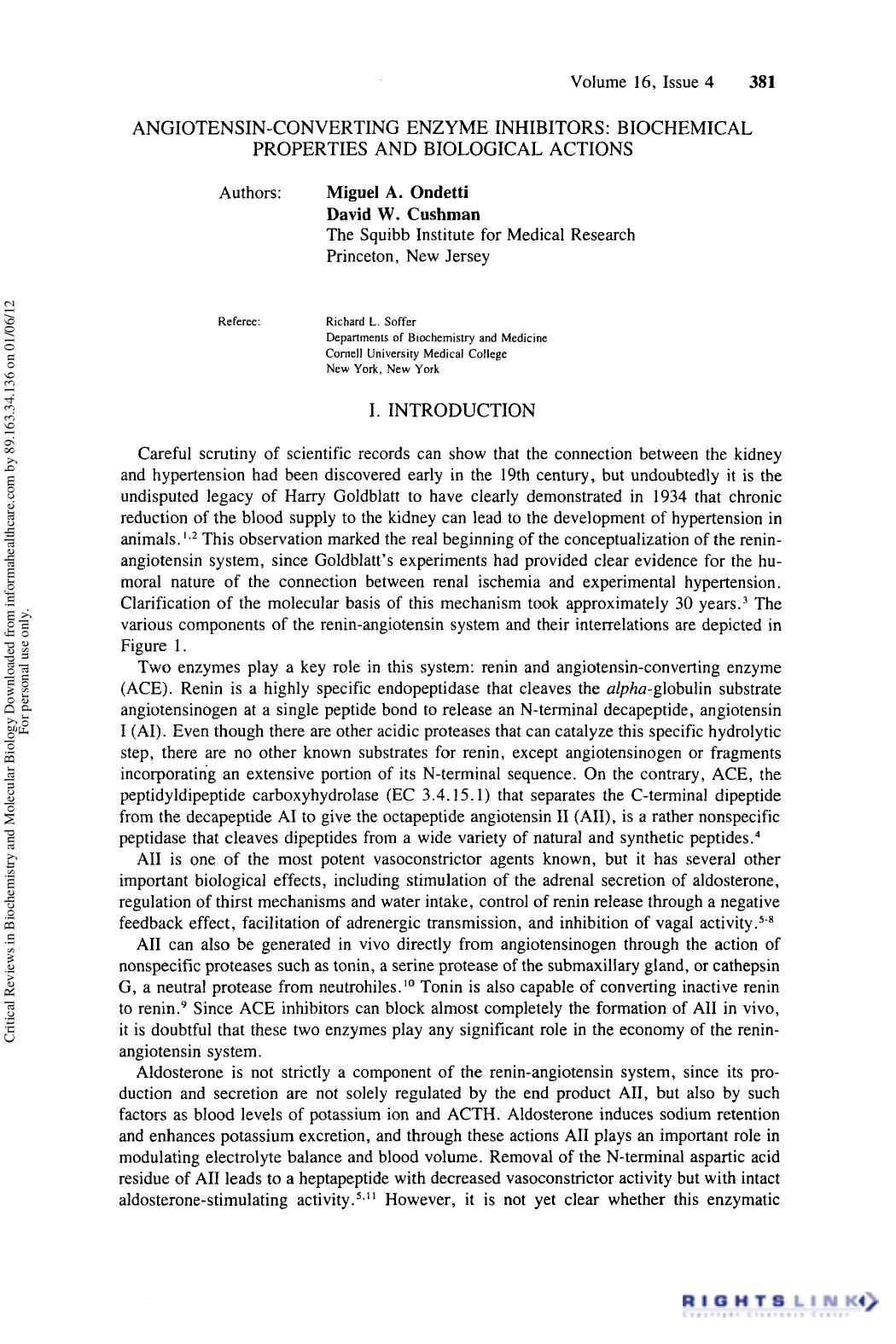 Angiotensin-Converting Enzyme Inhibitors: Biochemical Properties and Biological Action by Miguel A. Ondetti David W. Cushman & Richard L. Soffer