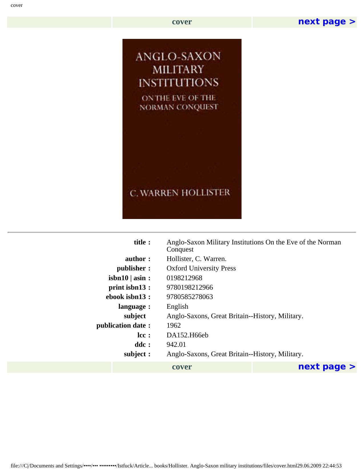Anglo Saxon Military Institutions On The Eve of the Norman Conquest by C Warren Hollister