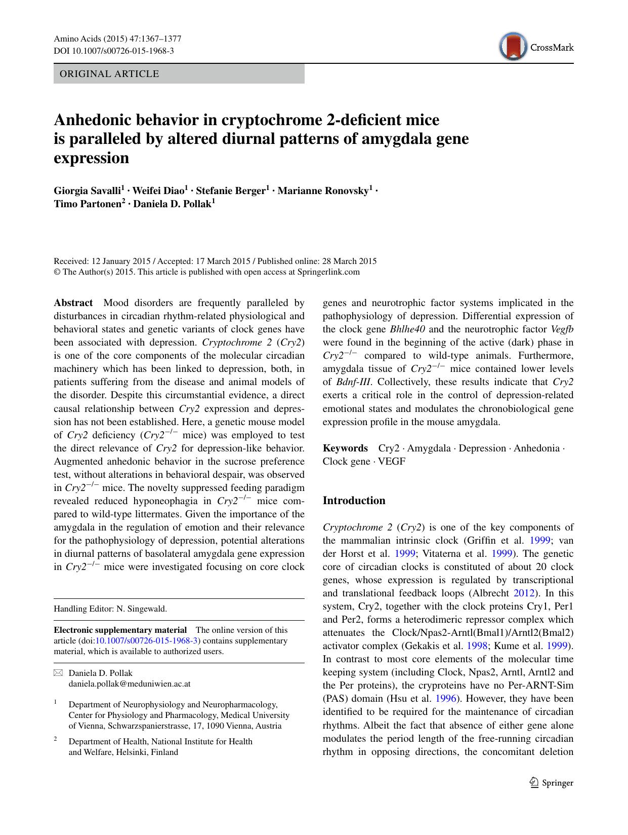 Anhedonic behavior in cryptochrome 2-deficient mice is paralleled by altered diurnal patterns of amygdala gene expression by unknow