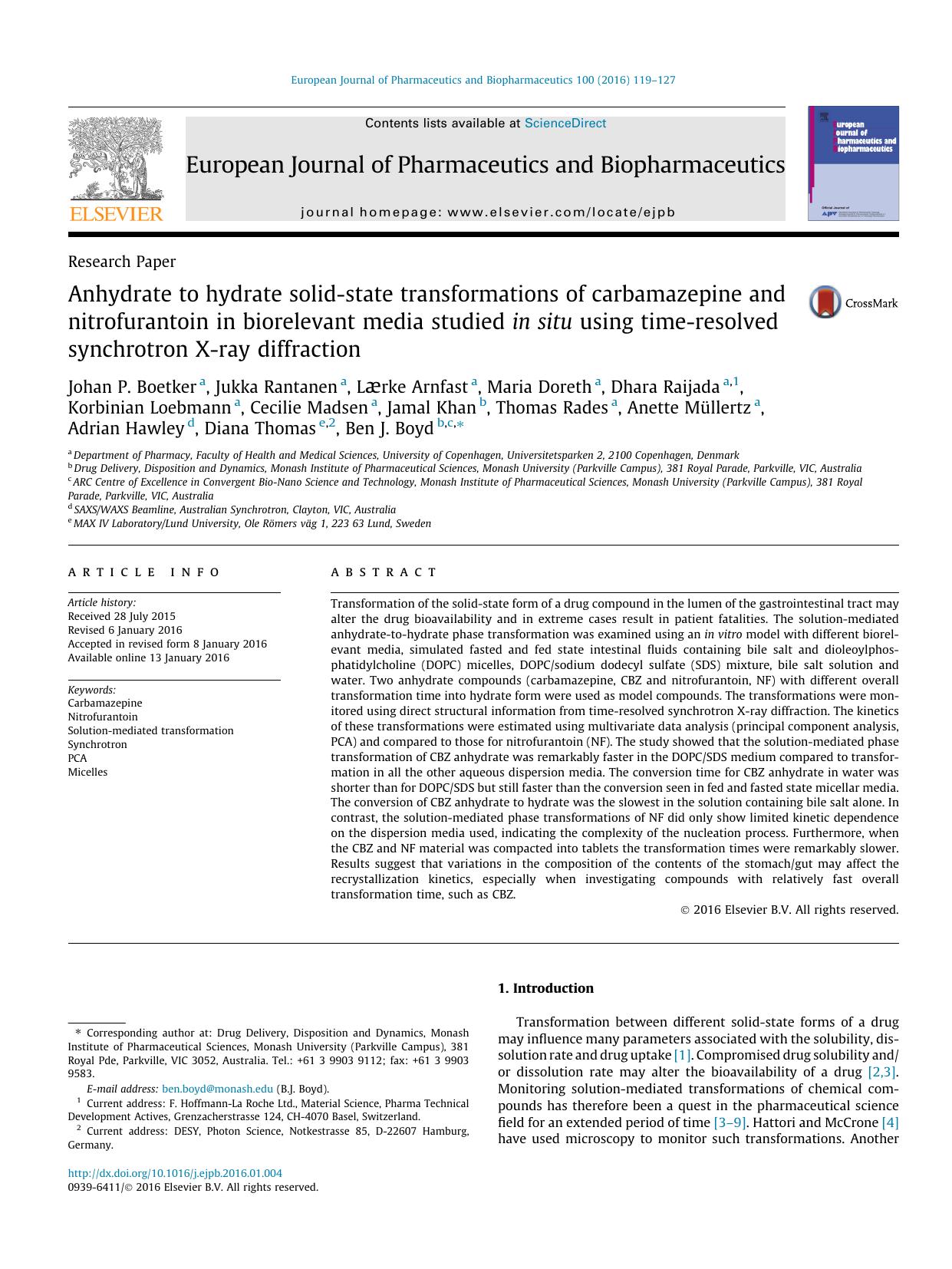Anhydrate to hydrate solid-state transformations of carbamazepine and nitrofurantoin in biorelevant media studied in situ using time-resolved synchrotron X-ray diffraction by unknow