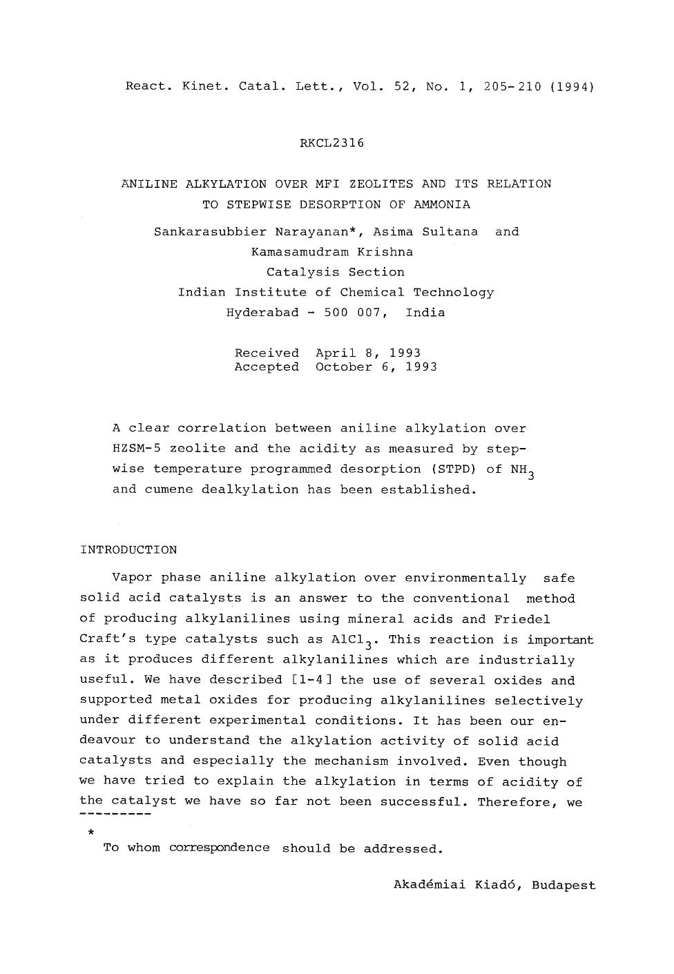 Aniline alkylation over MFI zeolites and its relation to stepwise desorption of ammonia by Unknown
