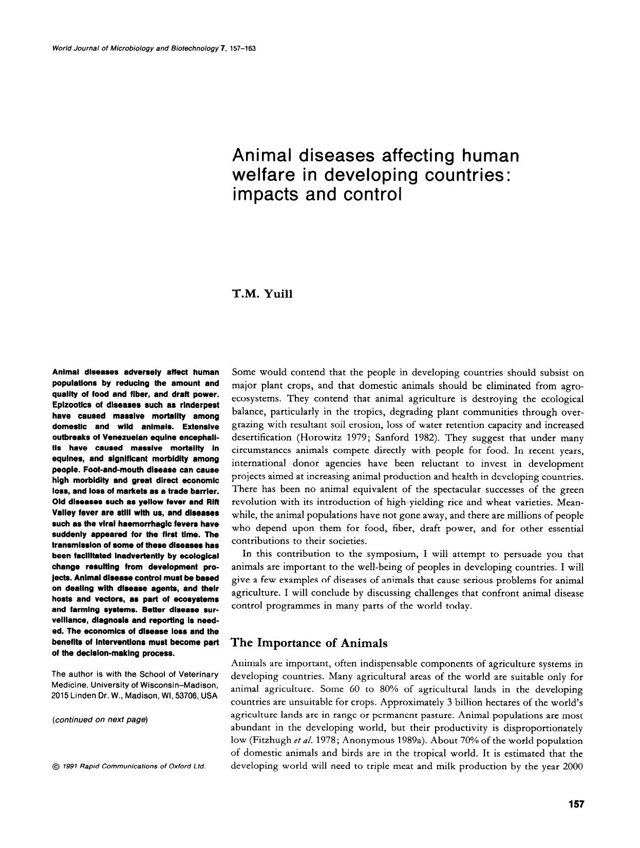 Animal diseases affecting human welfare in developing countries: impacts and control by Unknown