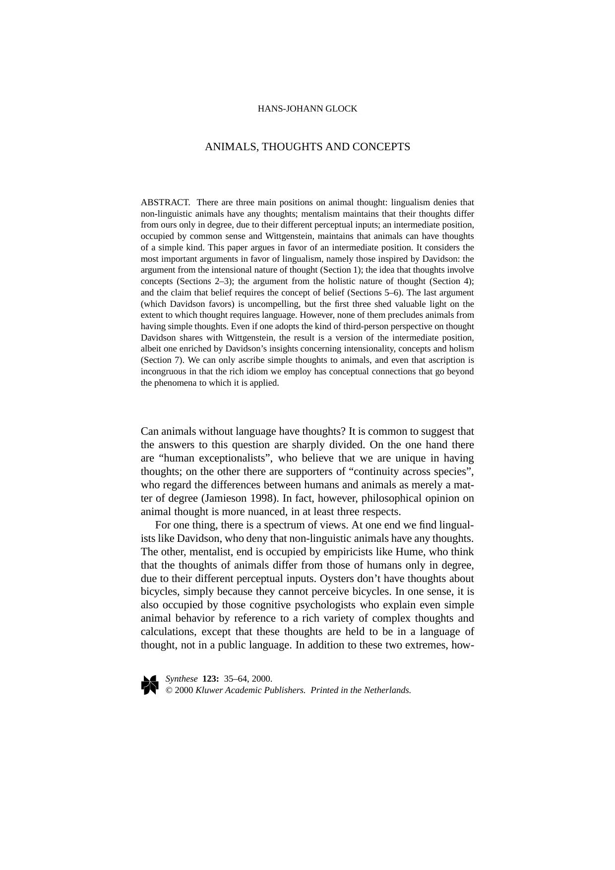 Animals, Thoughts And Concepts by Unknown