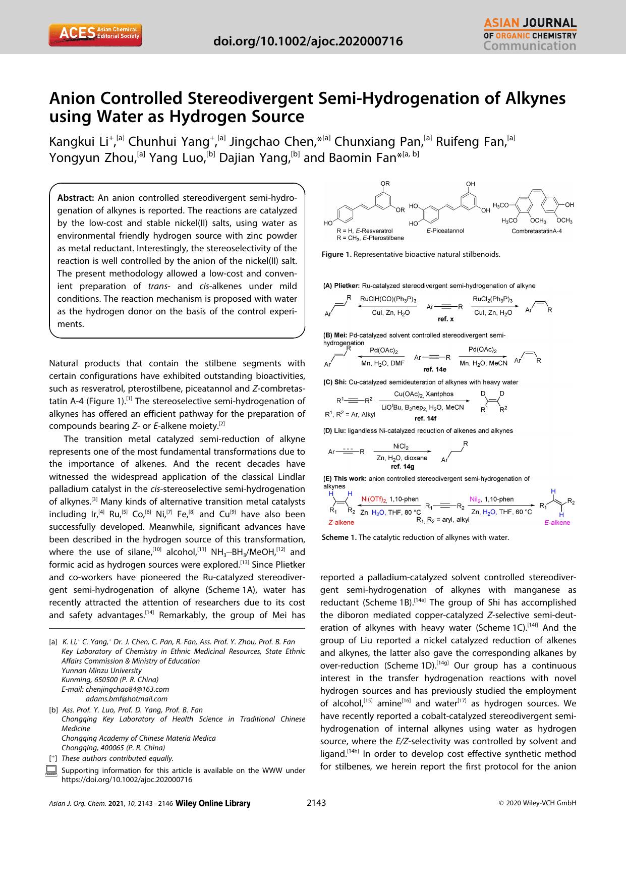 Anion Controlled Stereodivergent SemiâHydrogenation of Alkynes using Water as Hydrogen Source by Unknown
