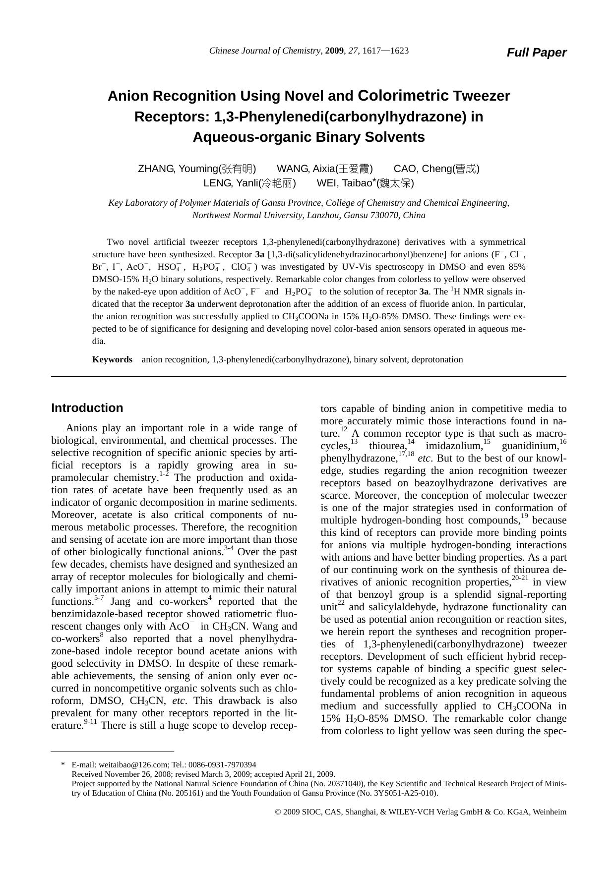 Anion Recognition Using Novel and Colorimetric Tweezer Receptors: 1,3-Phenylenedi(carbonylhydrazone) in Aqueous-organic Binary Solvents by uy