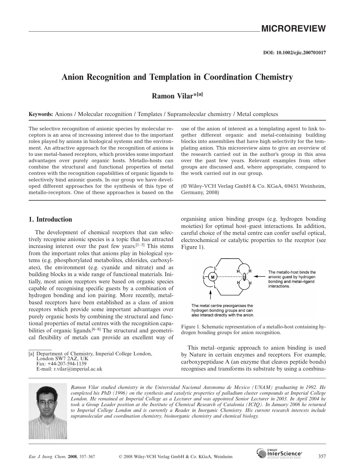 Anion Recognition and Templation in Coordination Chemistry by Unknown