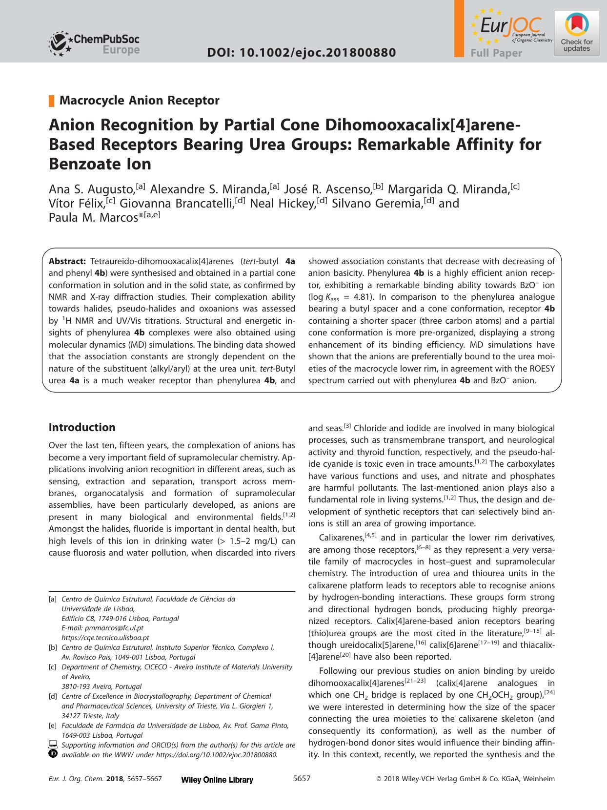 Anion Recognition by Partial Cone Dihomooxacalix[4]areneâBased Receptors Bearing Urea Groups: Remarkable Affinity for Benzoate Ion by Unknown