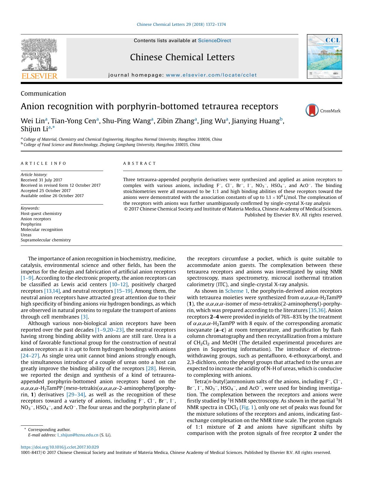 Anion recognition with porphyrin-bottomed tetraurea receptors by Wei Lin & Tian-Yong Cen & Shu-Ping Wang & Zibin Zhang & Jing Wu & Jianying Huang & Shijun Li