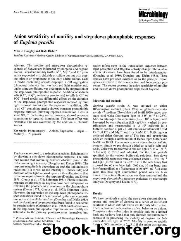 Anion sensitivity of motility and step-down photophobic responses of <Emphasis Type="Italic">Euglena gracilis<Emphasis> by Unknown
