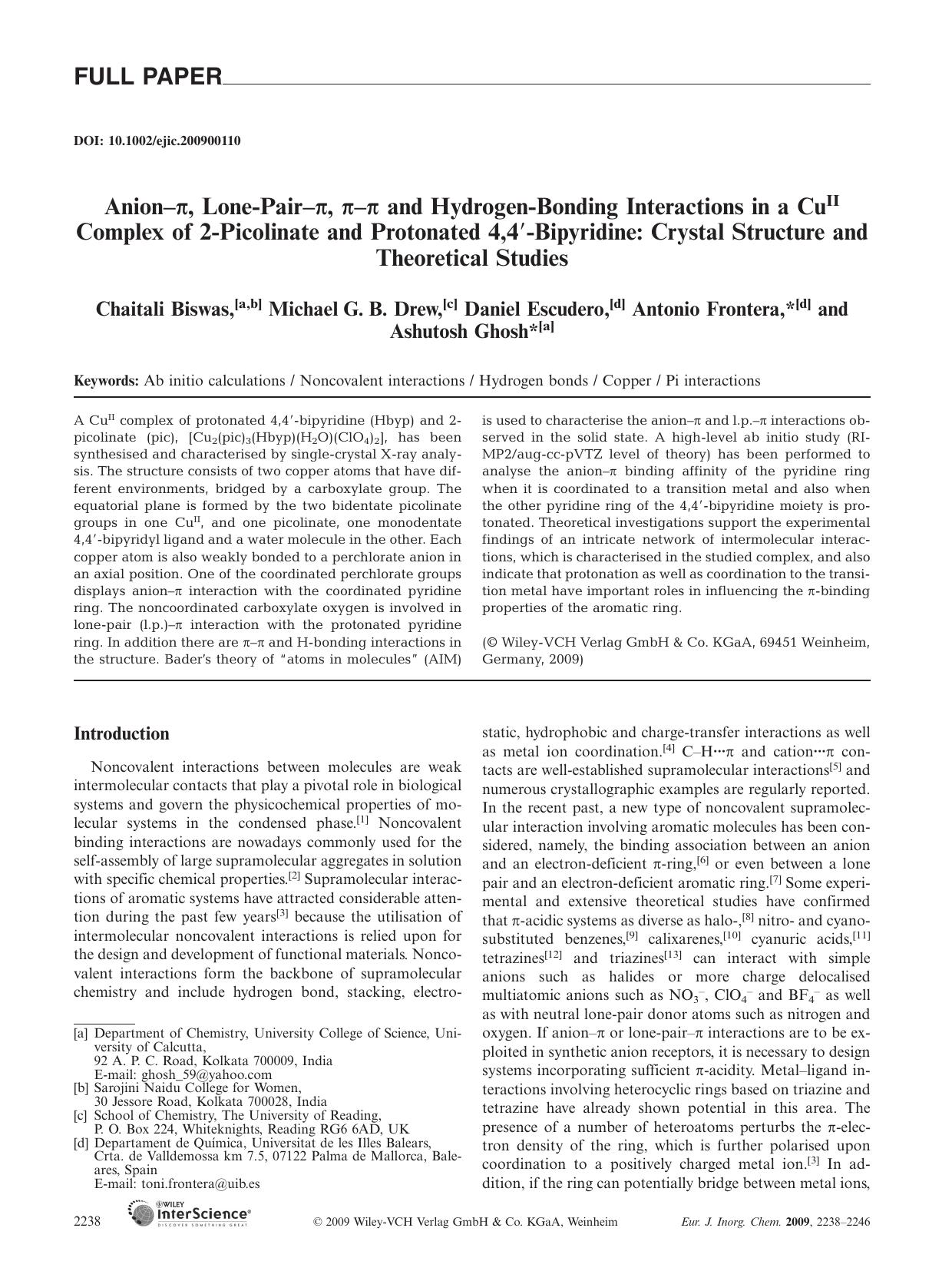 Anion-[pi], Lone-Pair-[pi], [pi]-[pi] and Hydrogen-Bonding Interactions in a CuII Complex of 2-Picolinate and Protonated 4,4[prime]-Bipyridine: Crystal Structure and Theoretical Studies by Unknown