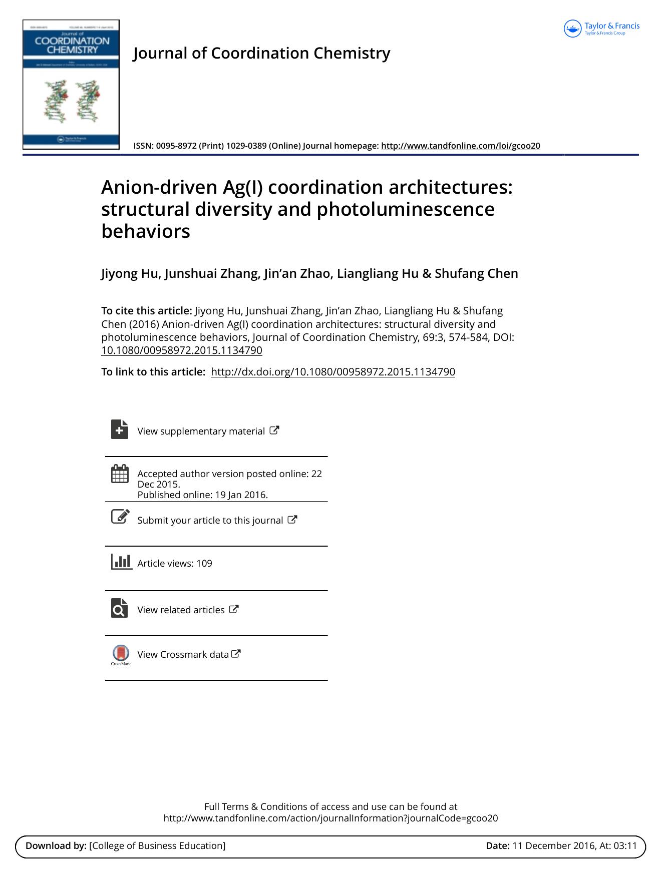Anion-driven Ag(I) coordination architectures: structural diversity and photoluminescence behaviors by Jiyong Hu & Junshuai Zhang & Jin’an Zhao & Liangliang Hu & Shufang Chen
