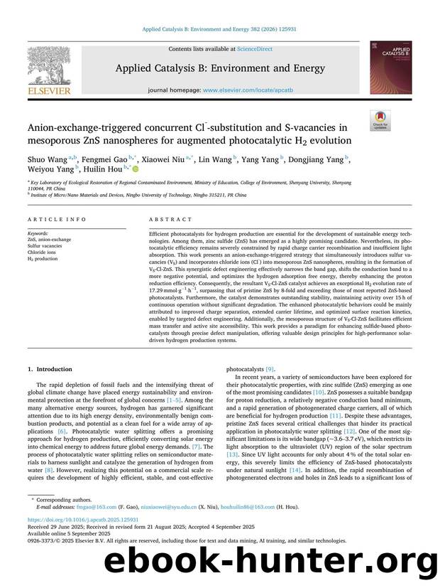 Anion-exchange-triggered concurrent Clâ»-substitution and S-vacancies in mesoporous ZnS nanospheres for augmented photocatalytic H2 evolution by Shuo Wang