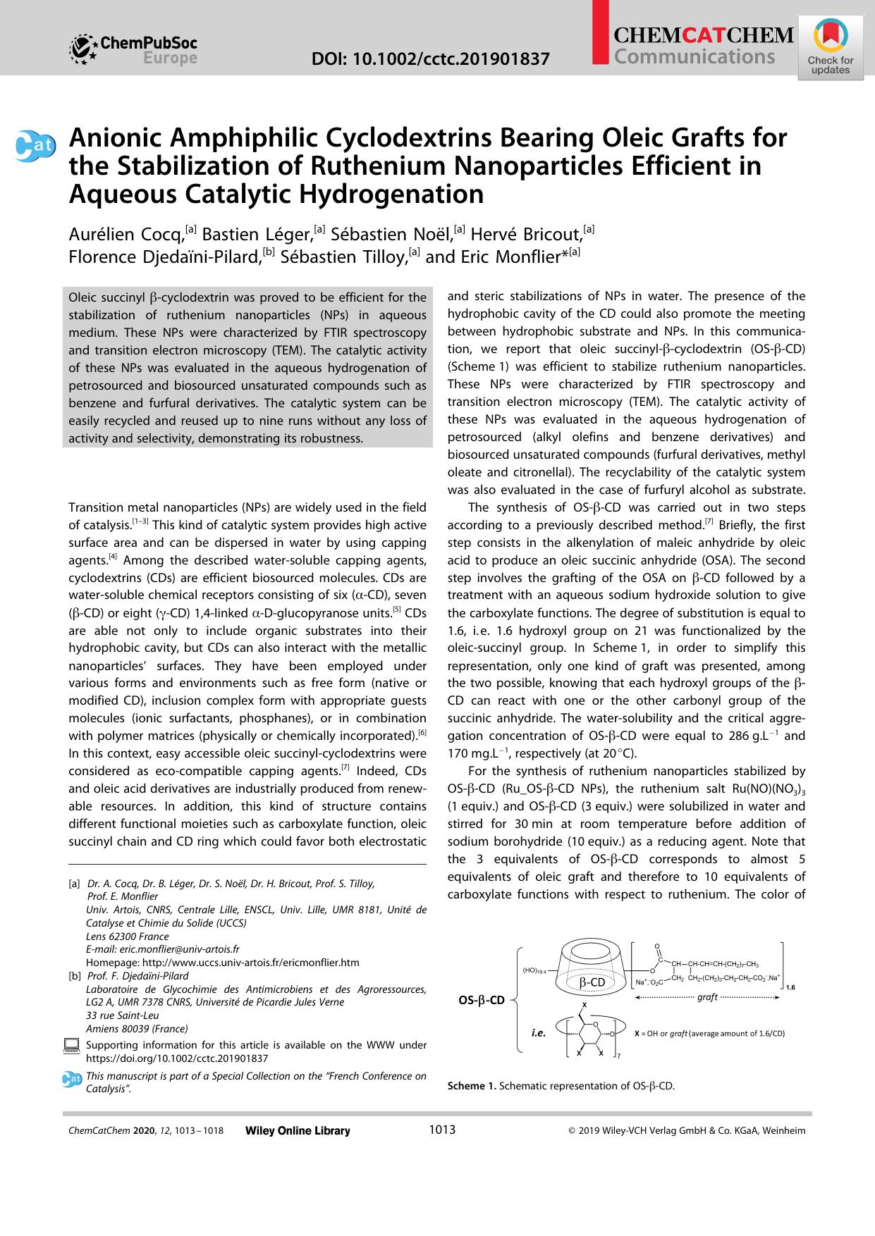 Anionic Amphiphilic Cyclodextrins Bearing Oleic Grafts for the Stabilization of Ruthenium Nanoparticles Efficient in Aqueous Catalytic Hydrogenation by Unknown