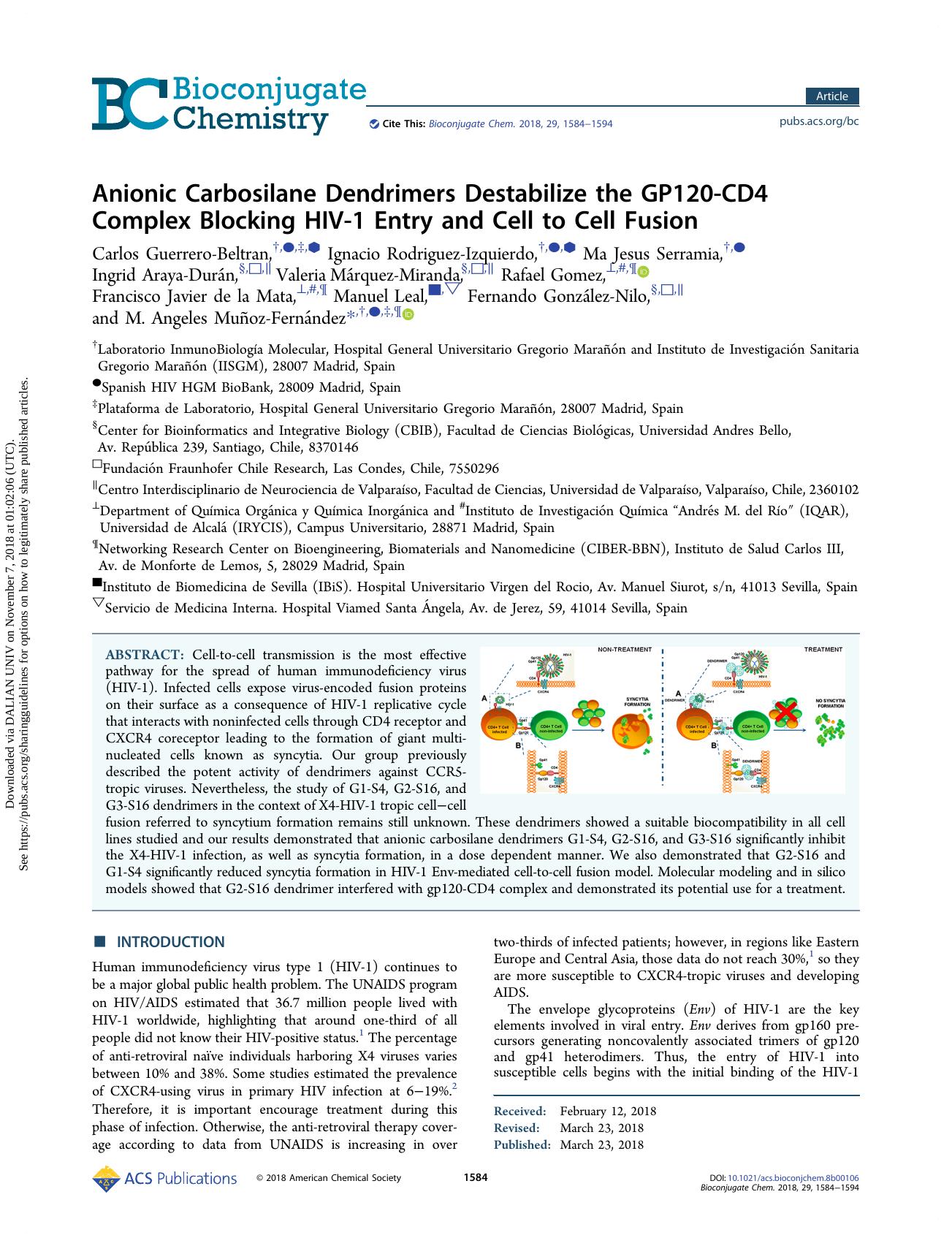 Anionic Carbosilane Dendrimers Destabilize the GP120-CD4 Complex Blocking HIV-1 Entry and Cell to Cell Fusion by unknow