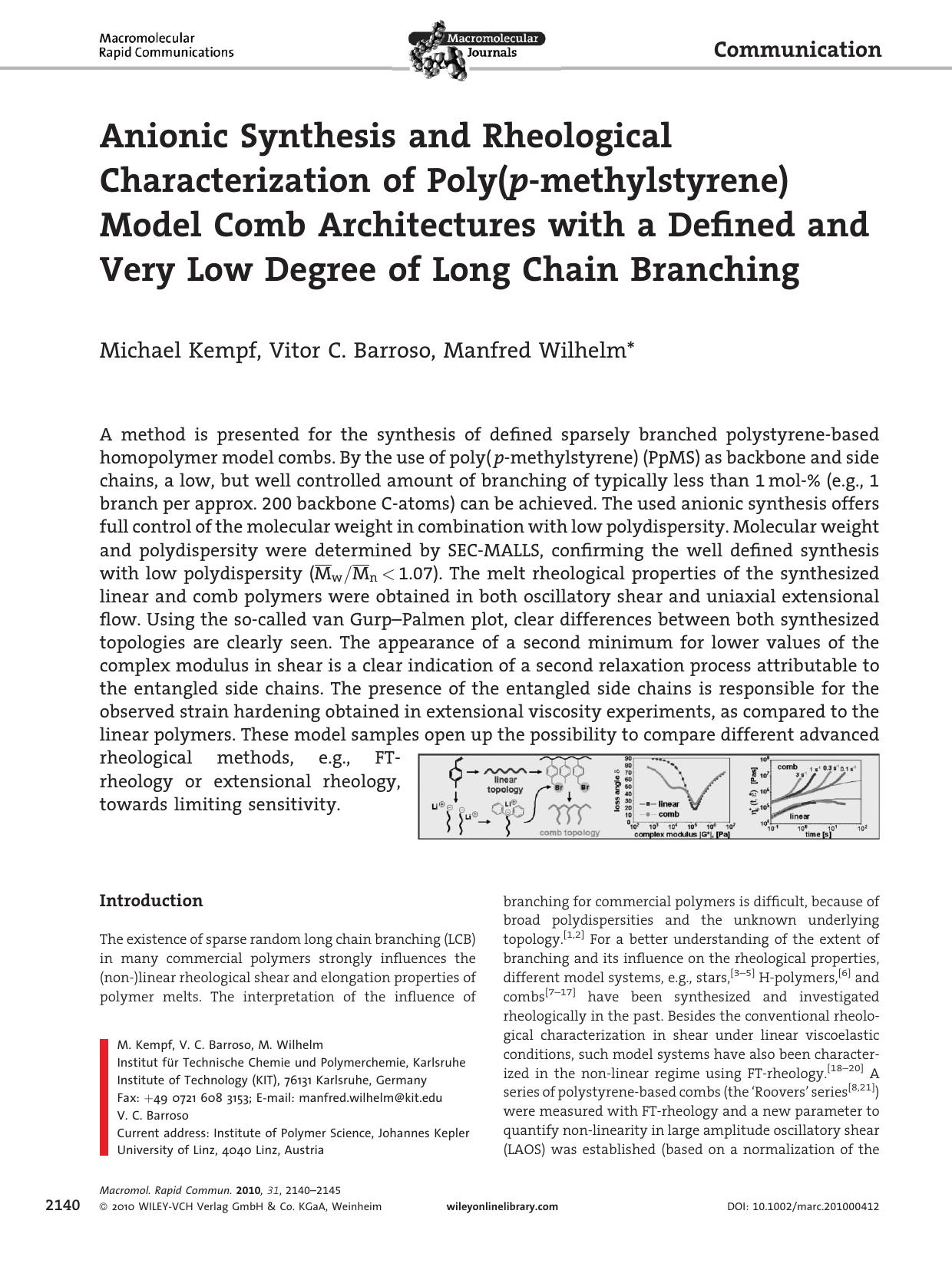 Anionic Synthesis and Rheological Characterization of Poly(pmethylstyrene) Model Comb Architectures with a Defined and Very Low Degree of Long Chain Branching by Unknown