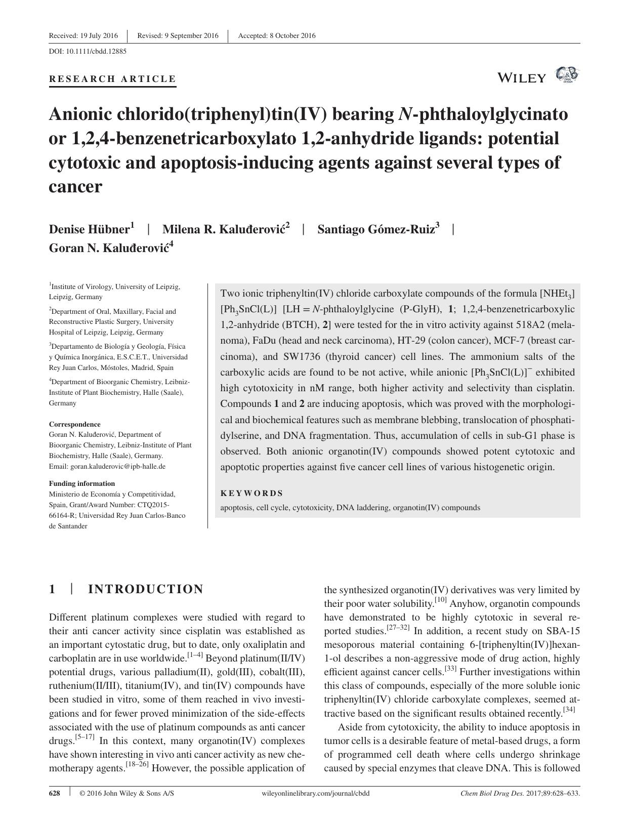 Anionic chlorido(triphenyl)tin(IV) bearing N‐phthaloylglycinato or 1,2,4‐benzenetricarboxylato 1,2‐anhydride ligands: potential cytotoxic and apoptosis‐inducing agents agai by unknow