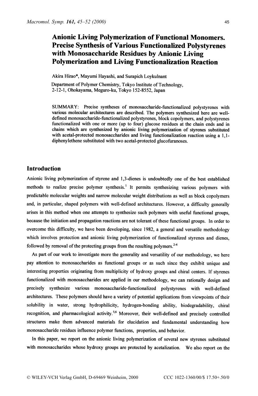 Anionic living polymerization of functional monomers[period] Precise synthesis of various functionalized polystyrenes with monosaccharide residues by anionic living polymerization by SOD