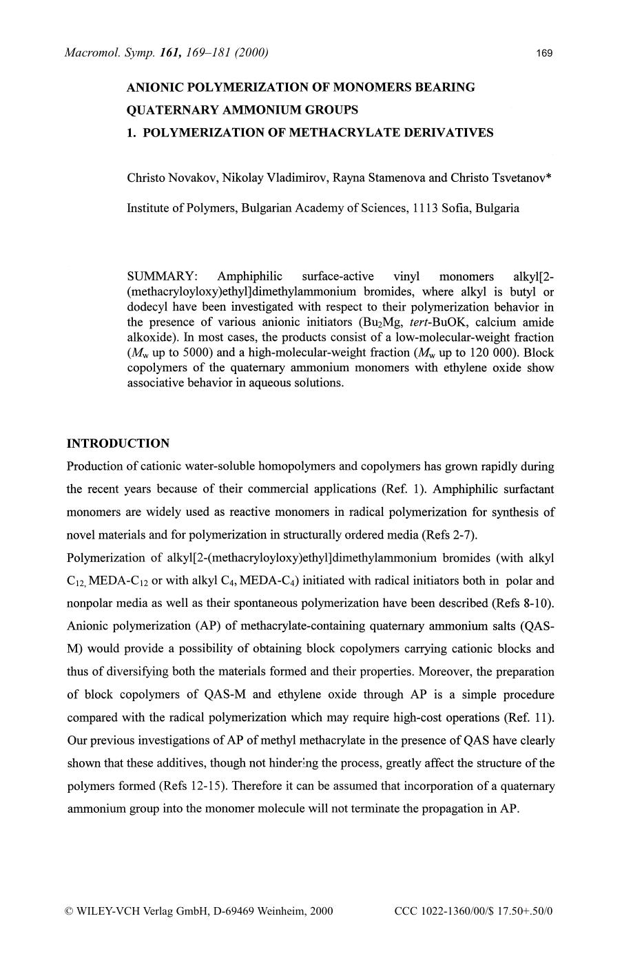 Anionic polymerization of monomers bearing quaternary ammonium groups 1[period] polymerization of methacrylate derivatives by SOD